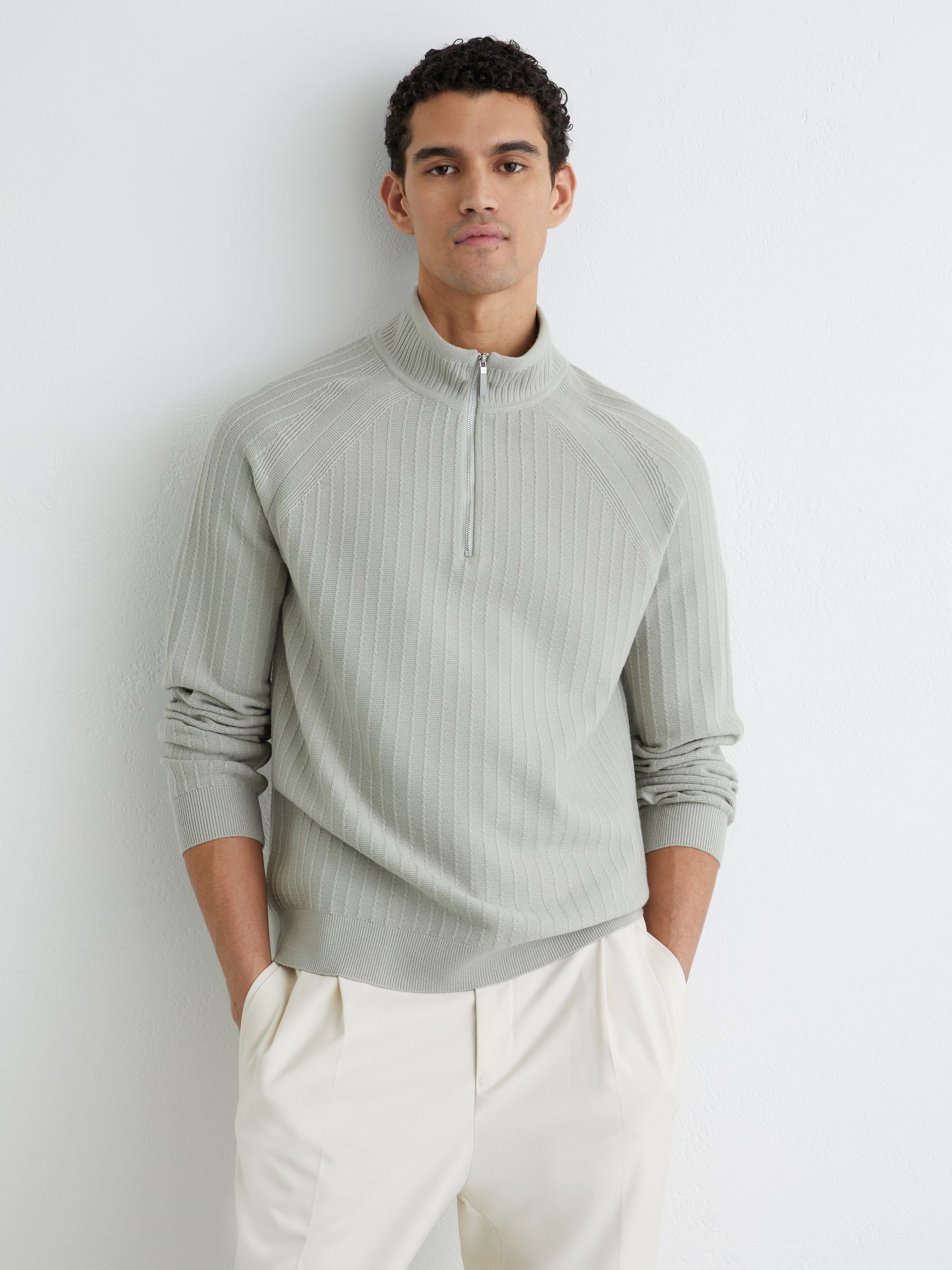 Textured-Knit Half-Zip Jumper with Wool in Sage Green - Image 1 of 6