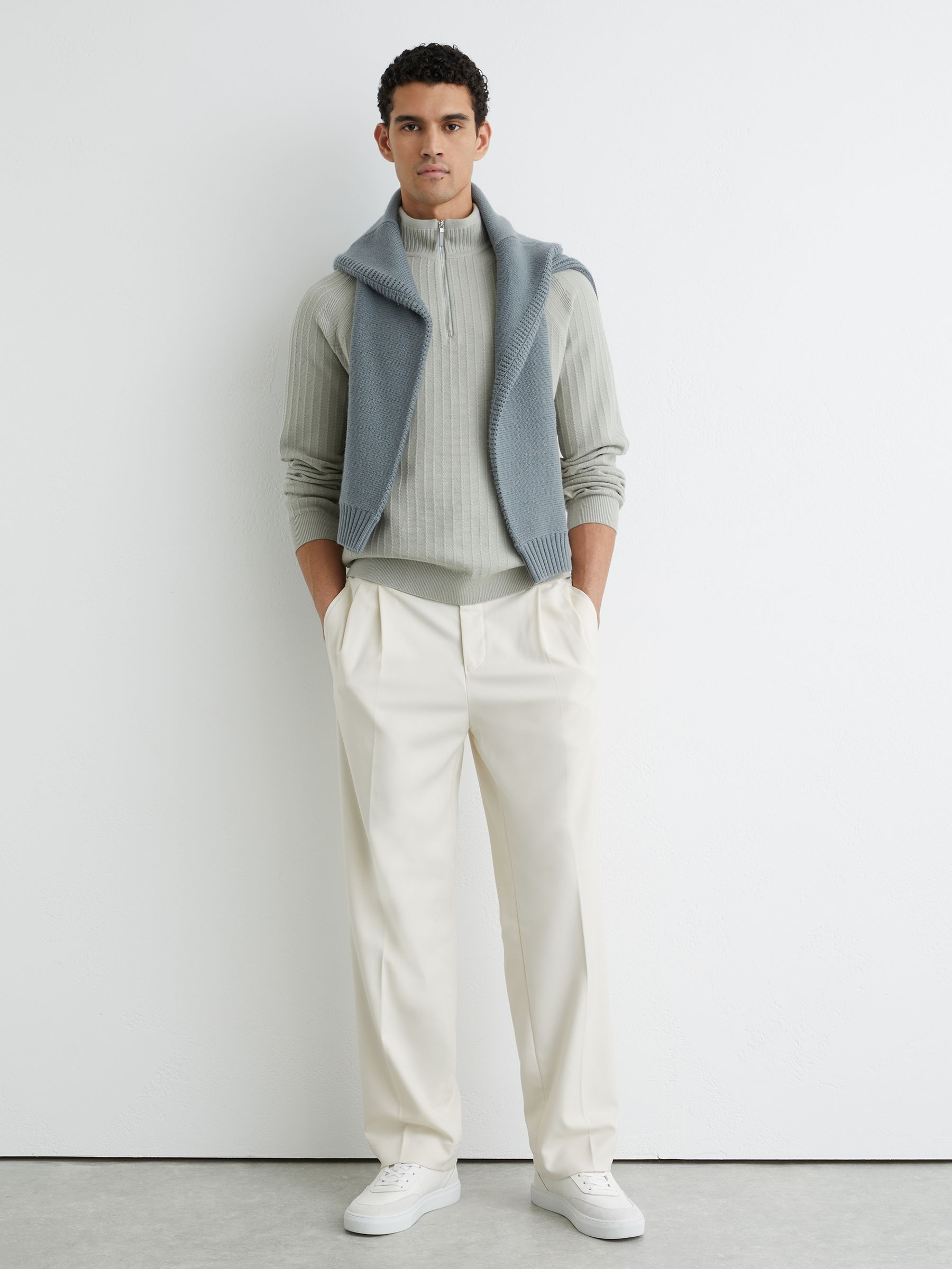 Textured-Knit Half-Zip Jumper with Wool in Sage Green - Image 3 of 6