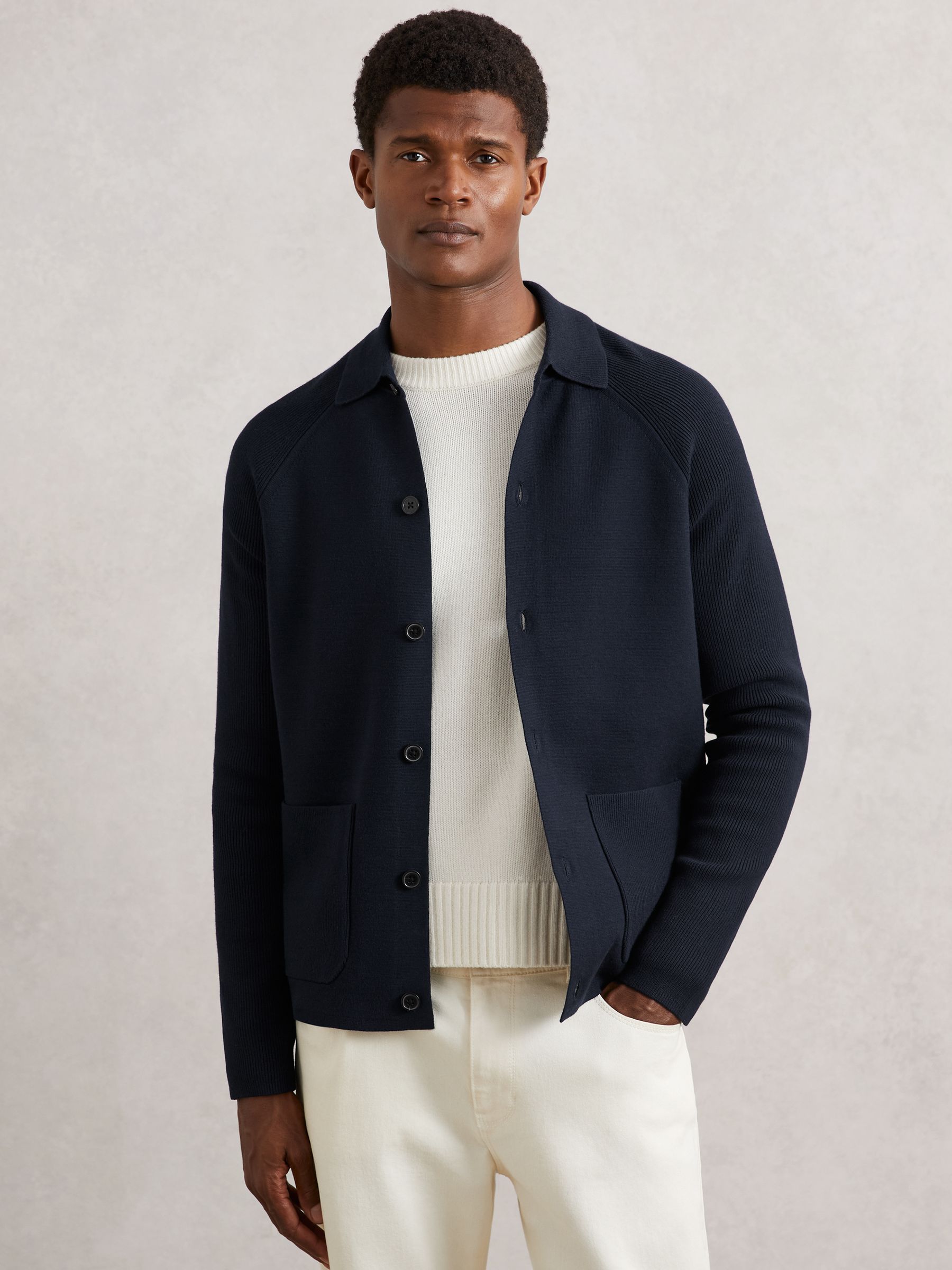 Button-Through Cardigan with Pockets in Navy Blue - Image 1 of 6