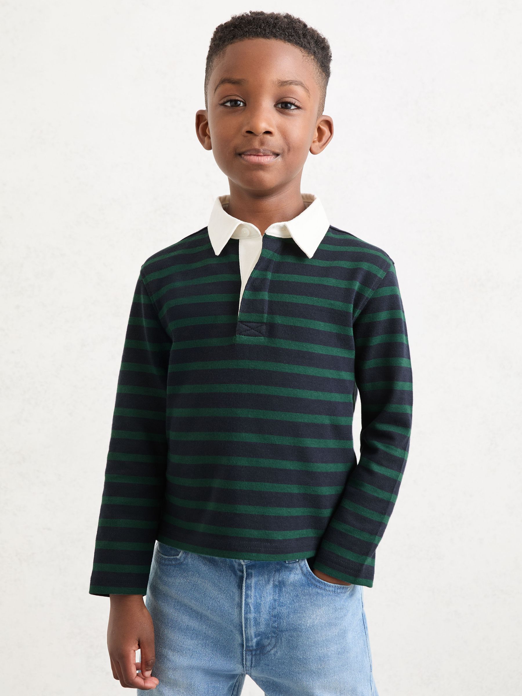 9-13 yrs Cotton Rugby-Stripe Polo Shirt in Navy/Green - Image 1 of 5