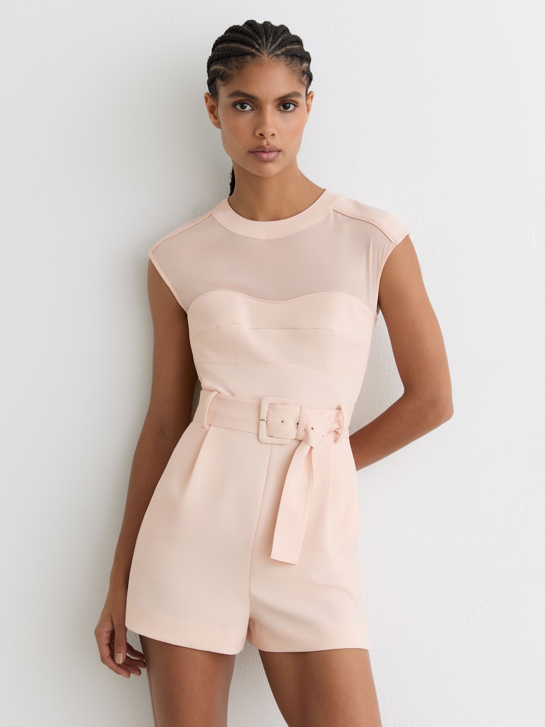 Sheer-Panel Structured Belted Playsuit in Pale Pink - Image 1 of 5