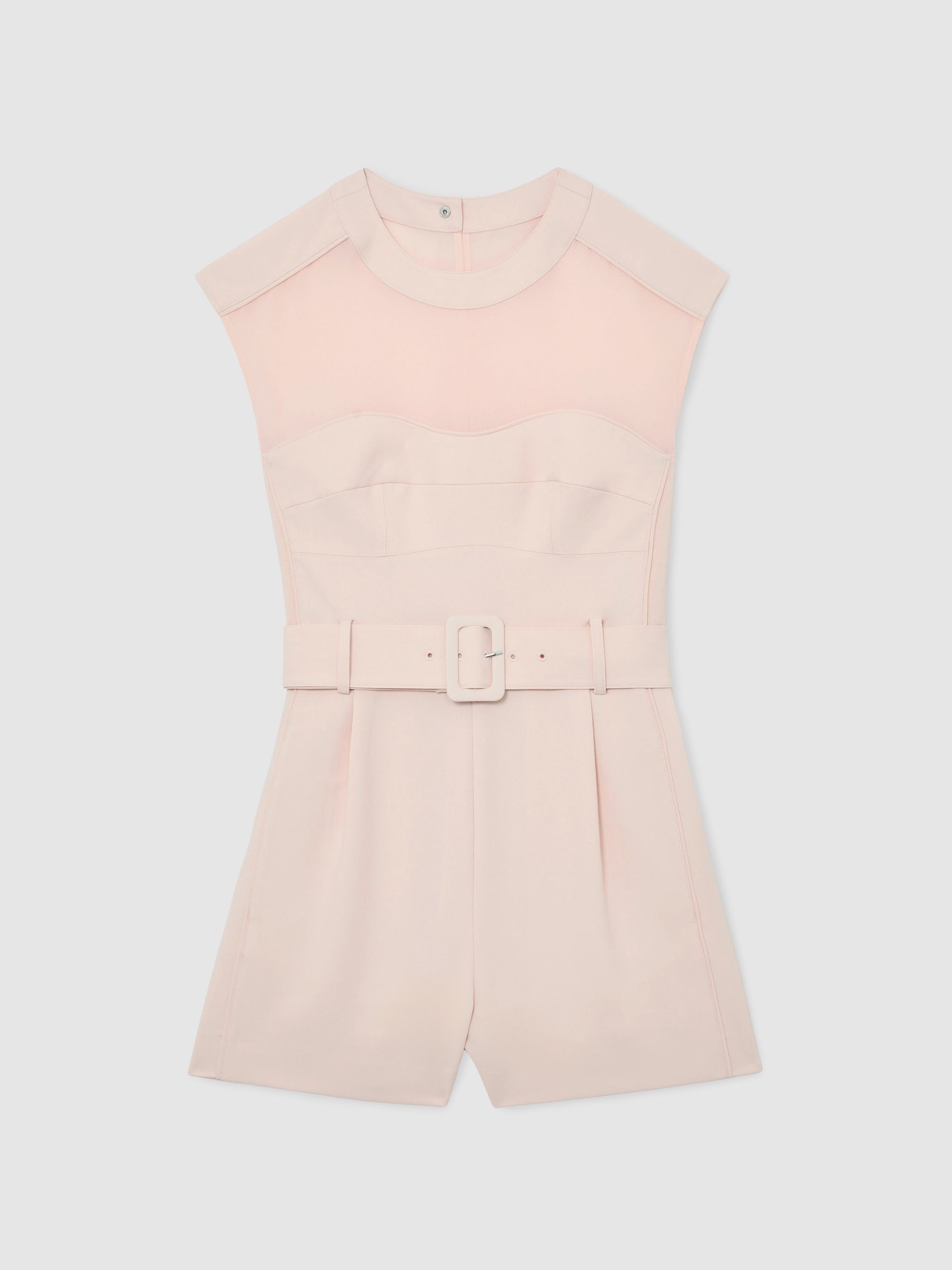 Sheer-Panel Structured Belted Playsuit in Pale Pink - Image 2 of 5 Sheer-Panel Structured Belted Playsuit in Pale Pink - Image 2 of 5