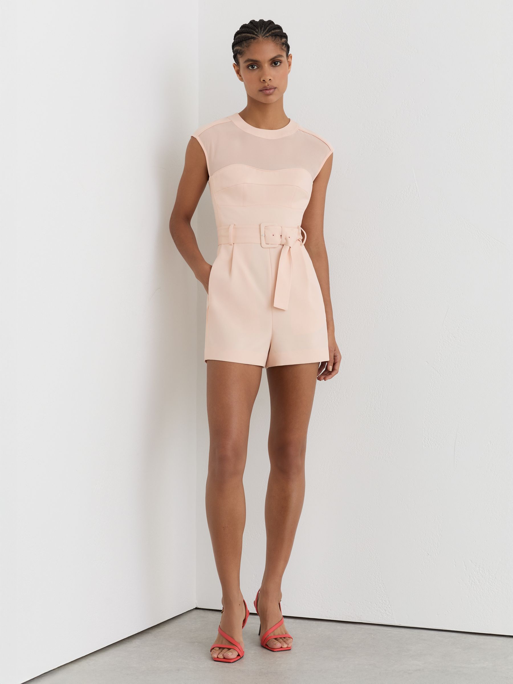 Sheer-Panel Structured Belted Playsuit in Pale Pink - image 5