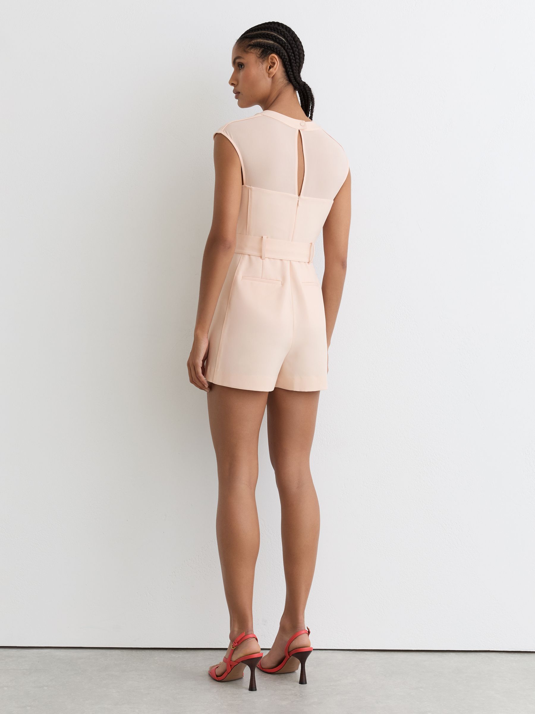Sheer-Panel Structured Belted Playsuit in Pale Pink - Image 4 of 5