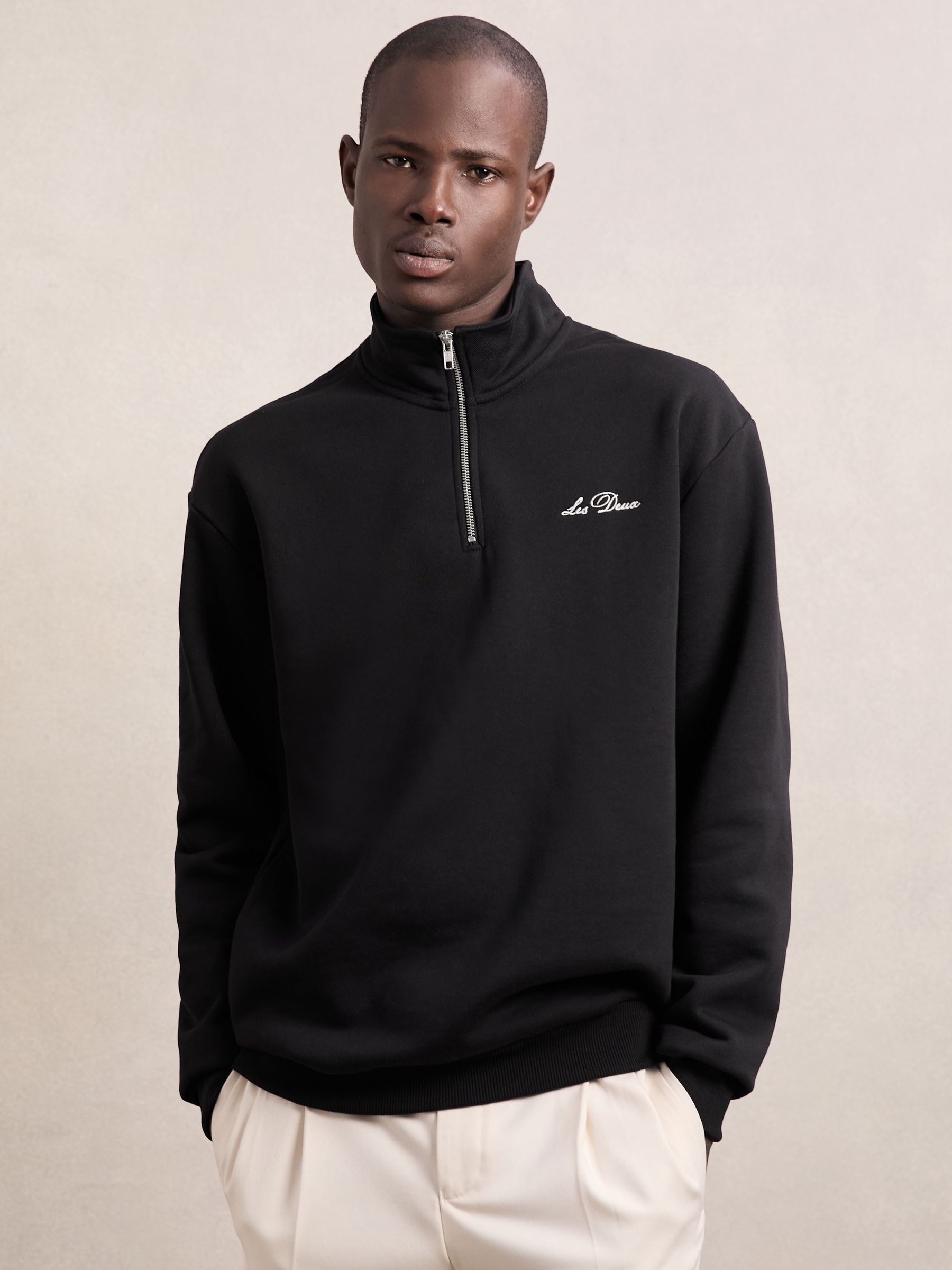 Les Deux Cotton Half-Zip Sweatshirt in Black - Image 1 of 5