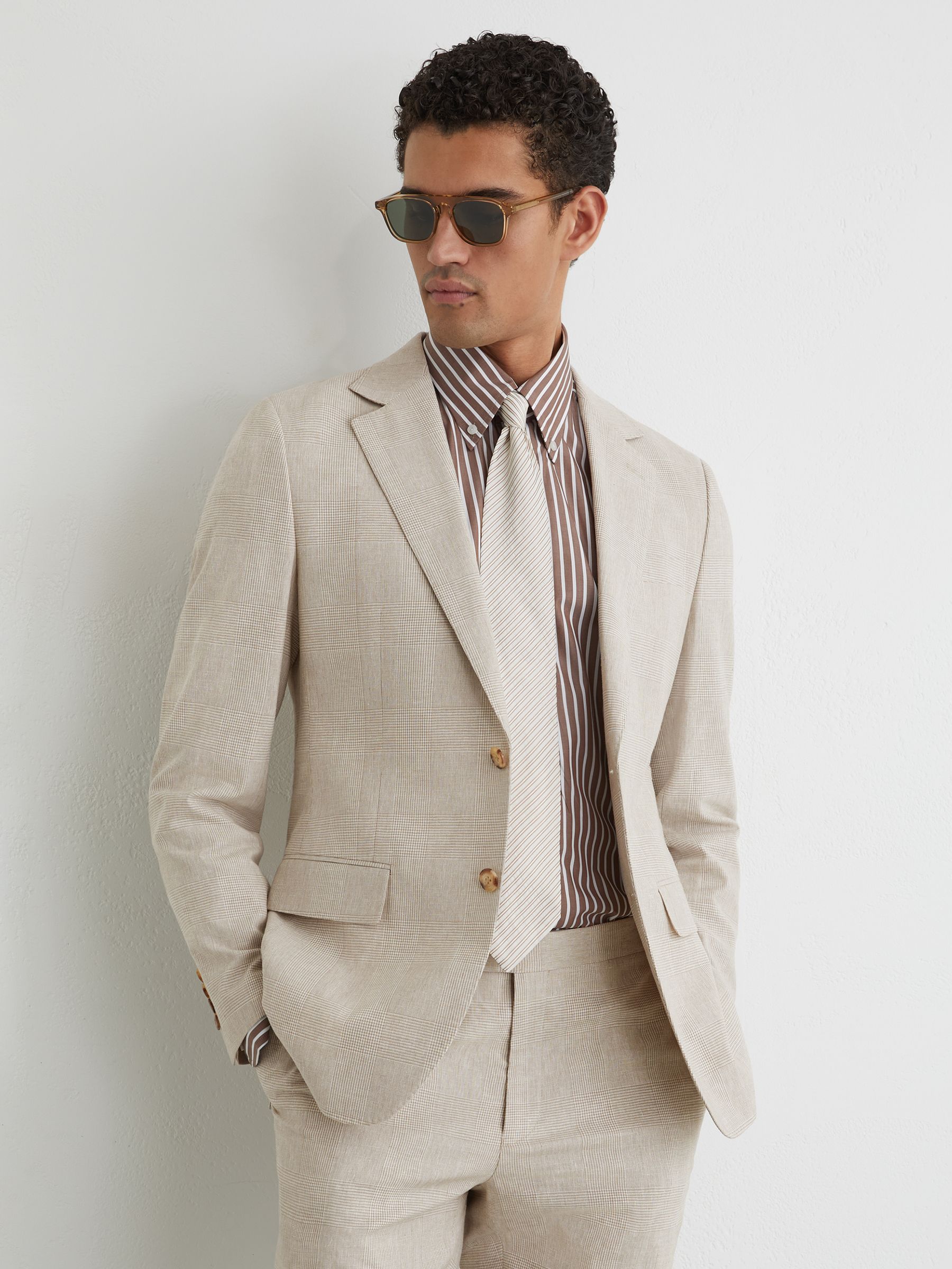 Linen-Cotton Single-Breasted Check Blazer Tailored-Fit in Oatmeal Brown - image 3