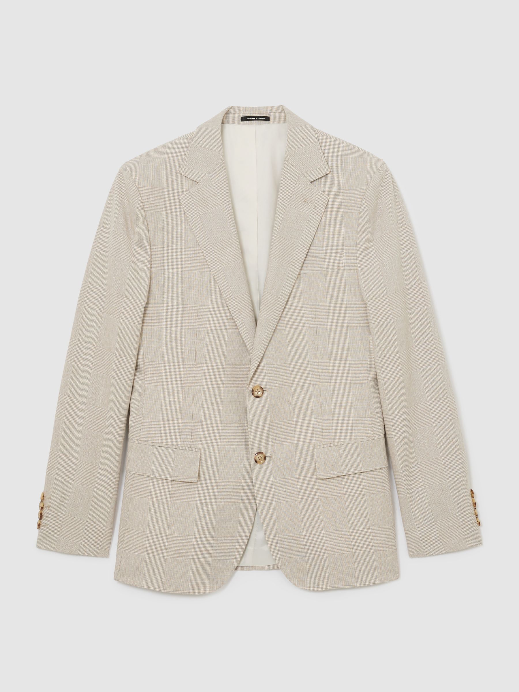 Linen-Cotton Single-Breasted Check Blazer Tailored-Fit in Oatmeal Brown - image 1