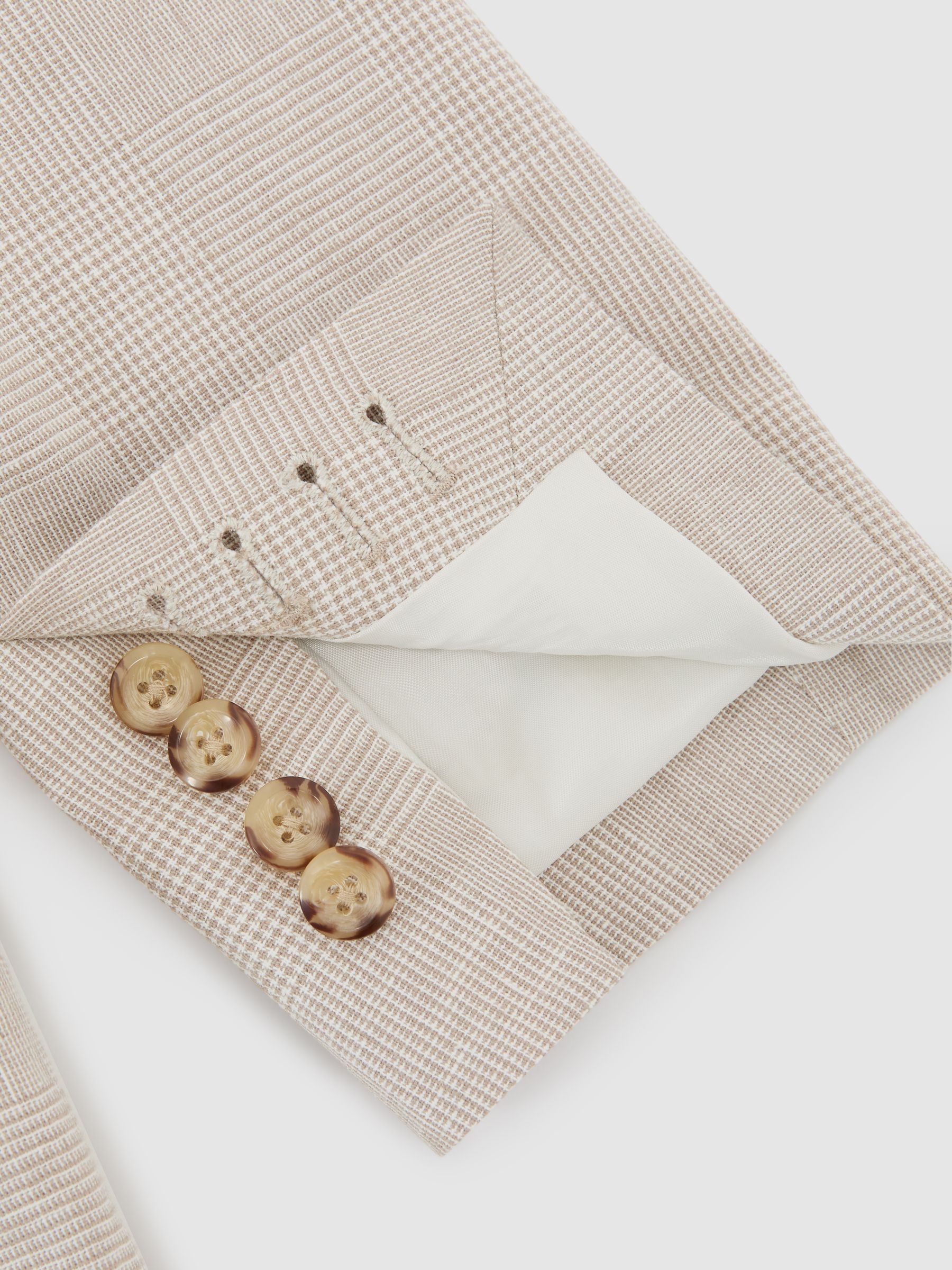 Linen-Cotton Single-Breasted Check Blazer Tailored-Fit in Oatmeal Brown - image 4