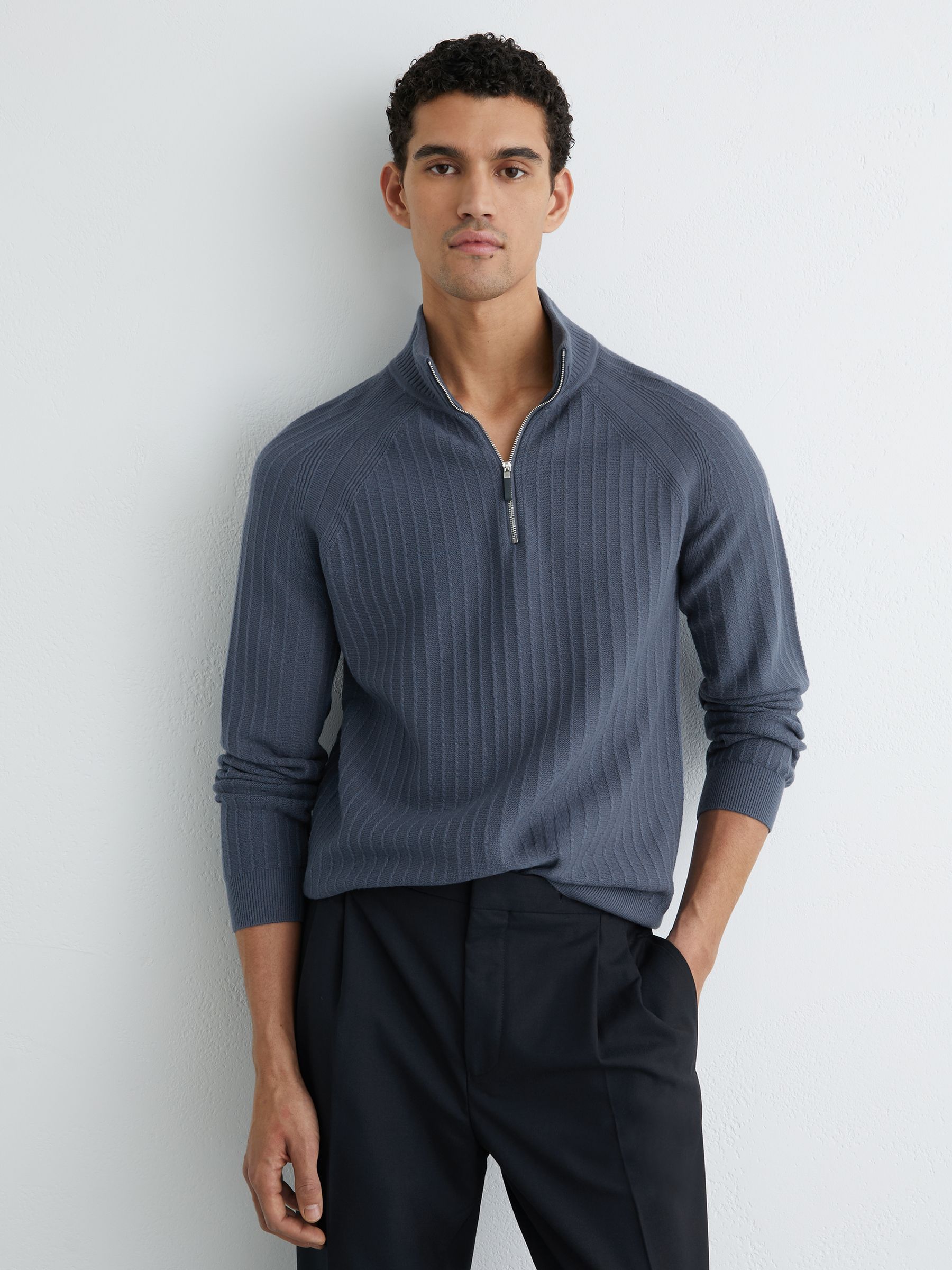 Textured-Knit Half-Zip Jumper with Wool in Airforce Blue - image 2