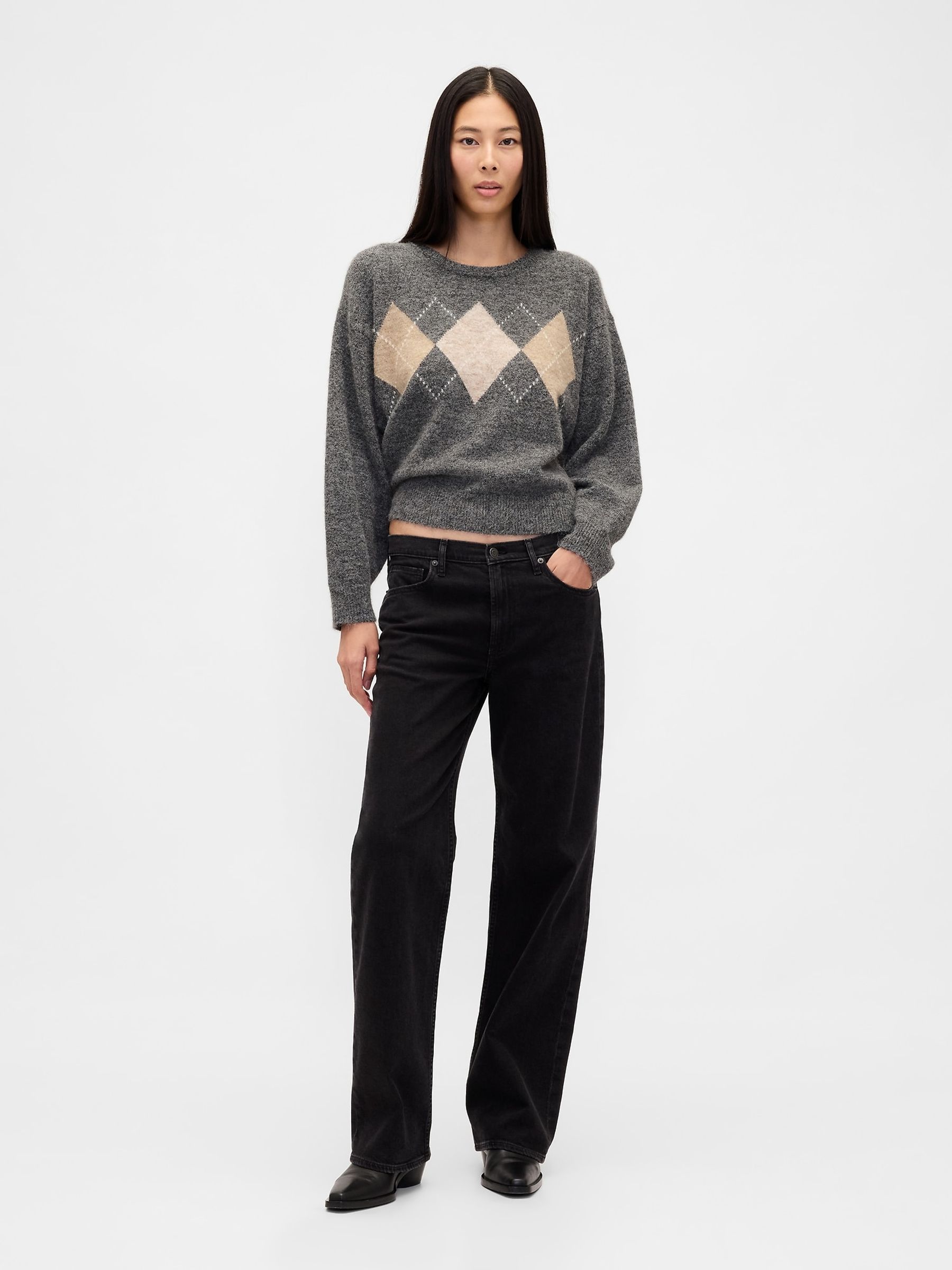 Grey Fuzzy Argyle Crop Jumper - Image 3 of 7