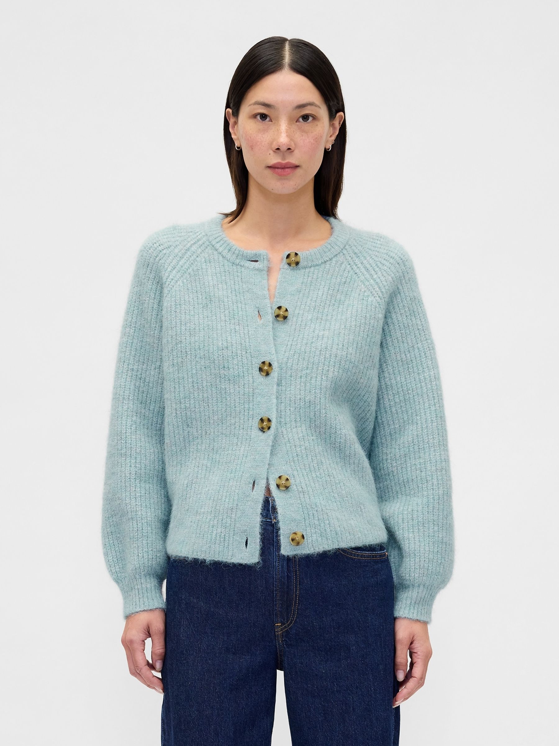 Blue Fuzzy Shaker Stitch Cardigan - Image 1 of 4 Blue Fuzzy Shaker Stitch Cardigan - Image 1 of 4