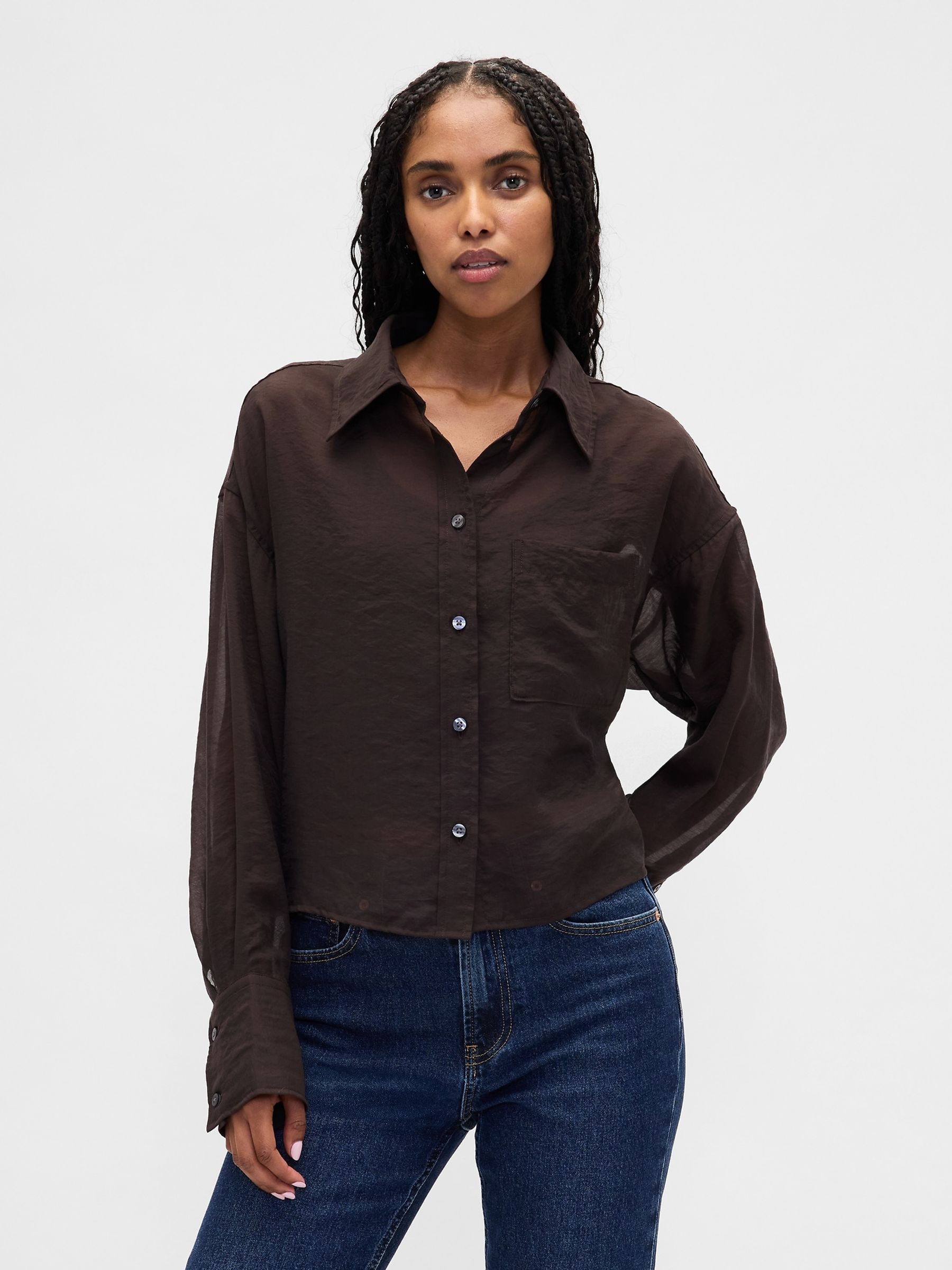 Brown Sheer Straight-Hem Crop Shirt - Image 1 of 4
