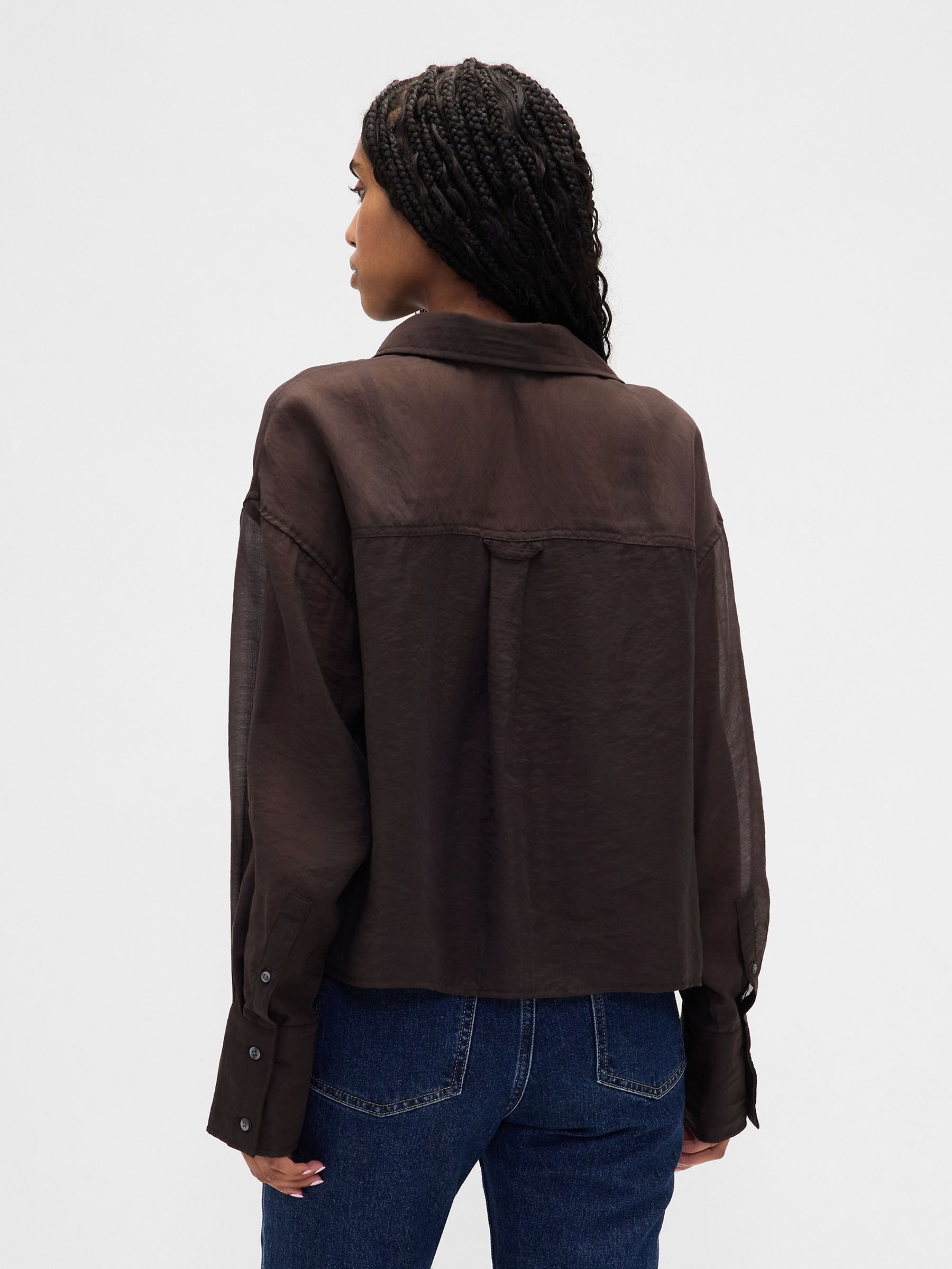 Brown Sheer Straight-Hem Crop Shirt - Image 2 of 4