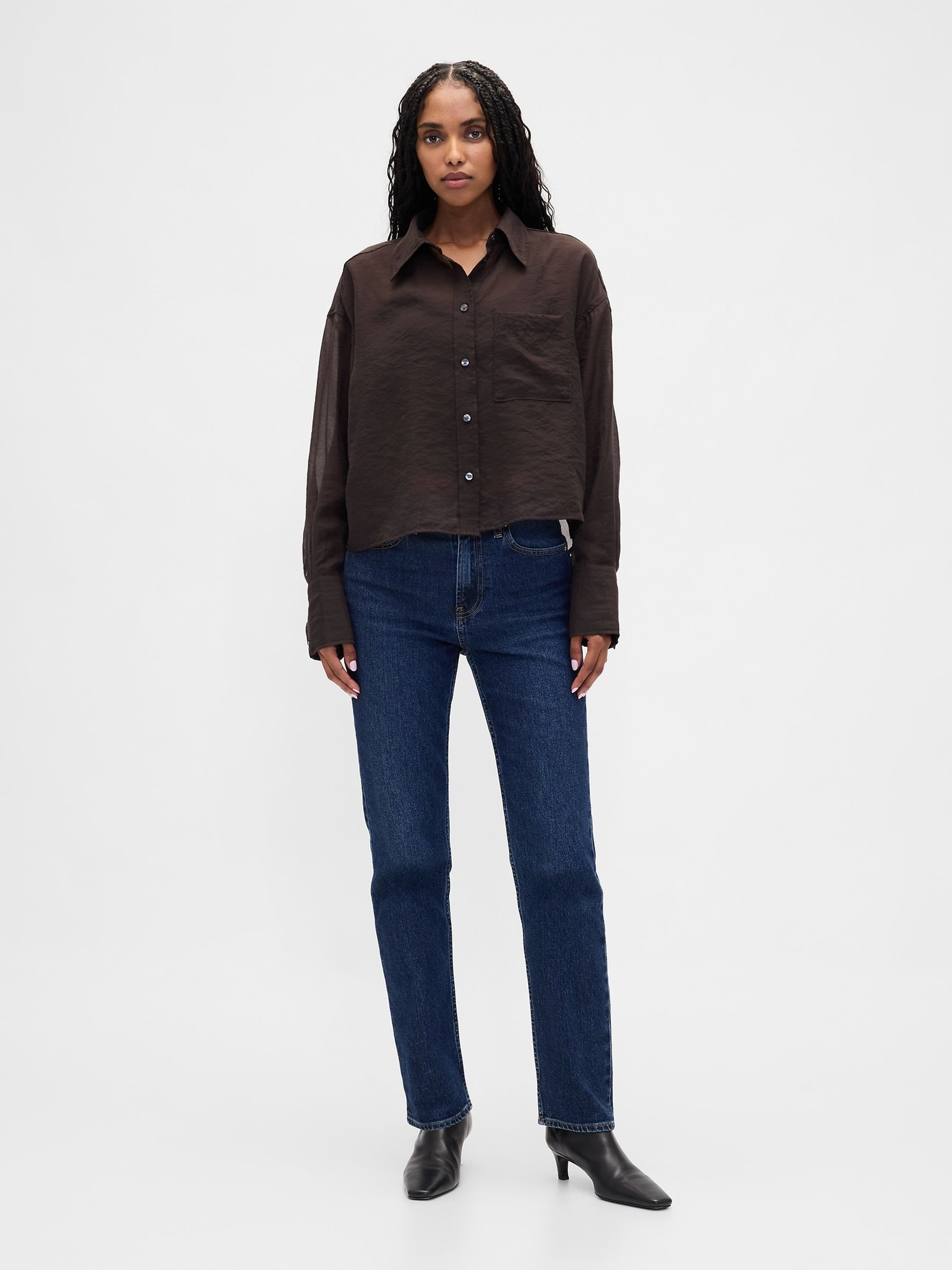 Brown Sheer Straight-Hem Crop Shirt - Image 3 of 4