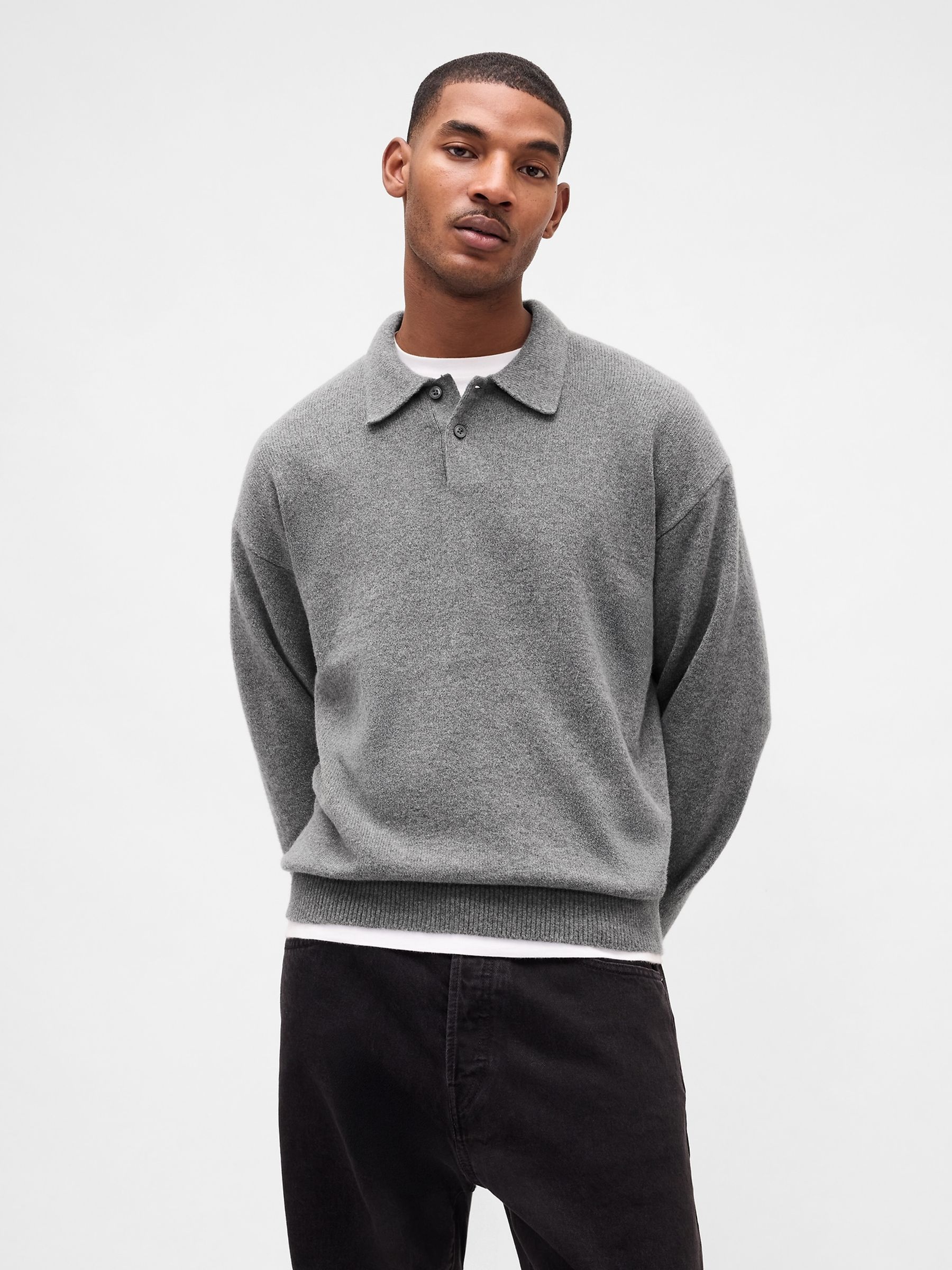 Grey CashSoft Relaxed Polo Sweatshirt - Image 1 of 4 Grey CashSoft Relaxed Polo Sweatshirt - Image 1 of 4