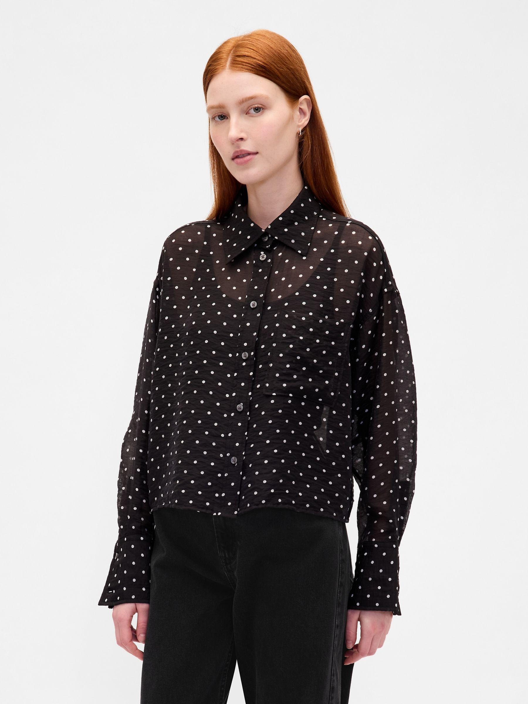 Black Spotted Sheer Straight-Hem Crop Shirt - Image 1 of 4