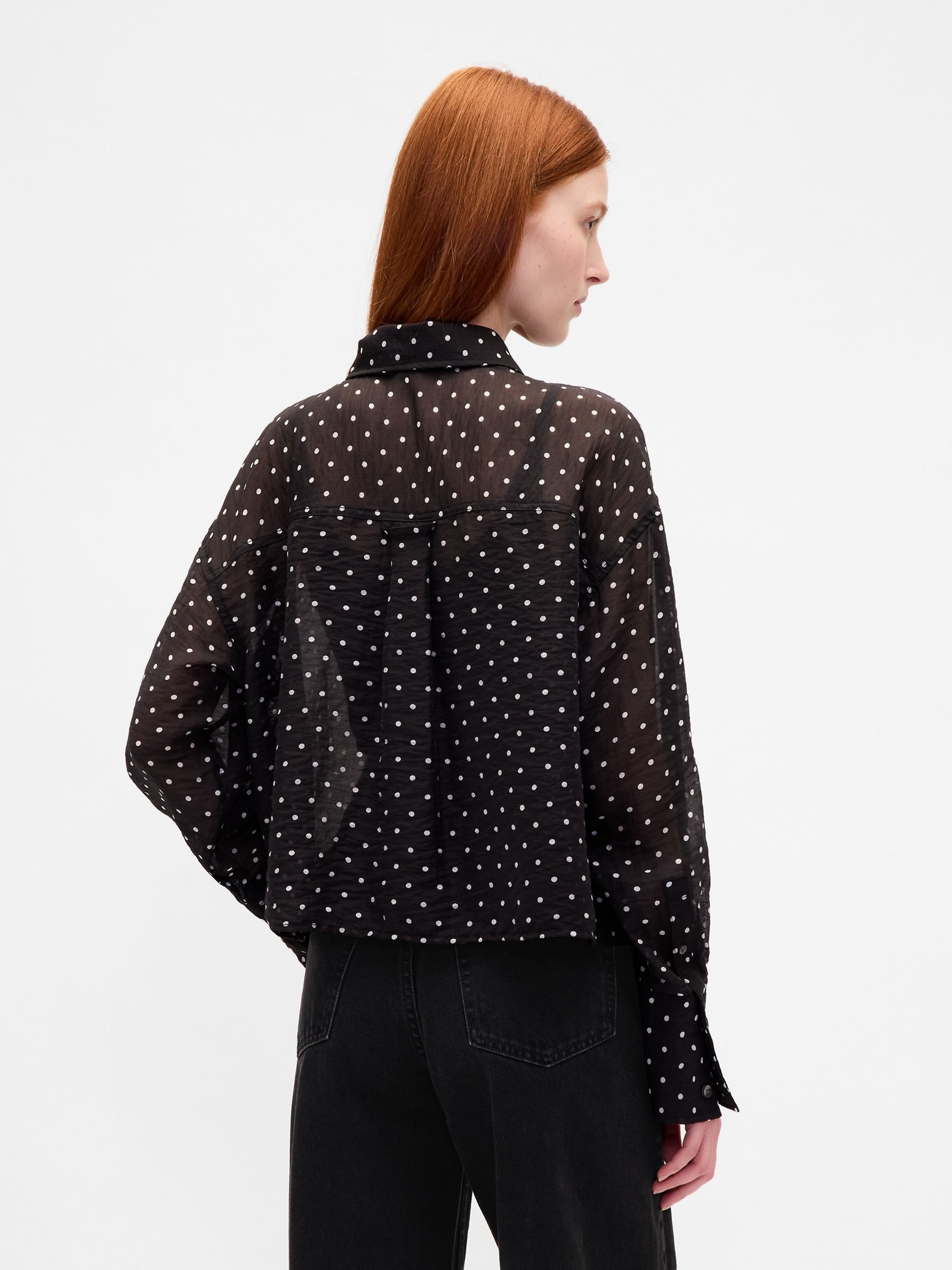 Black Spotted Sheer Straight-Hem Crop Shirt - Image 2 of 4