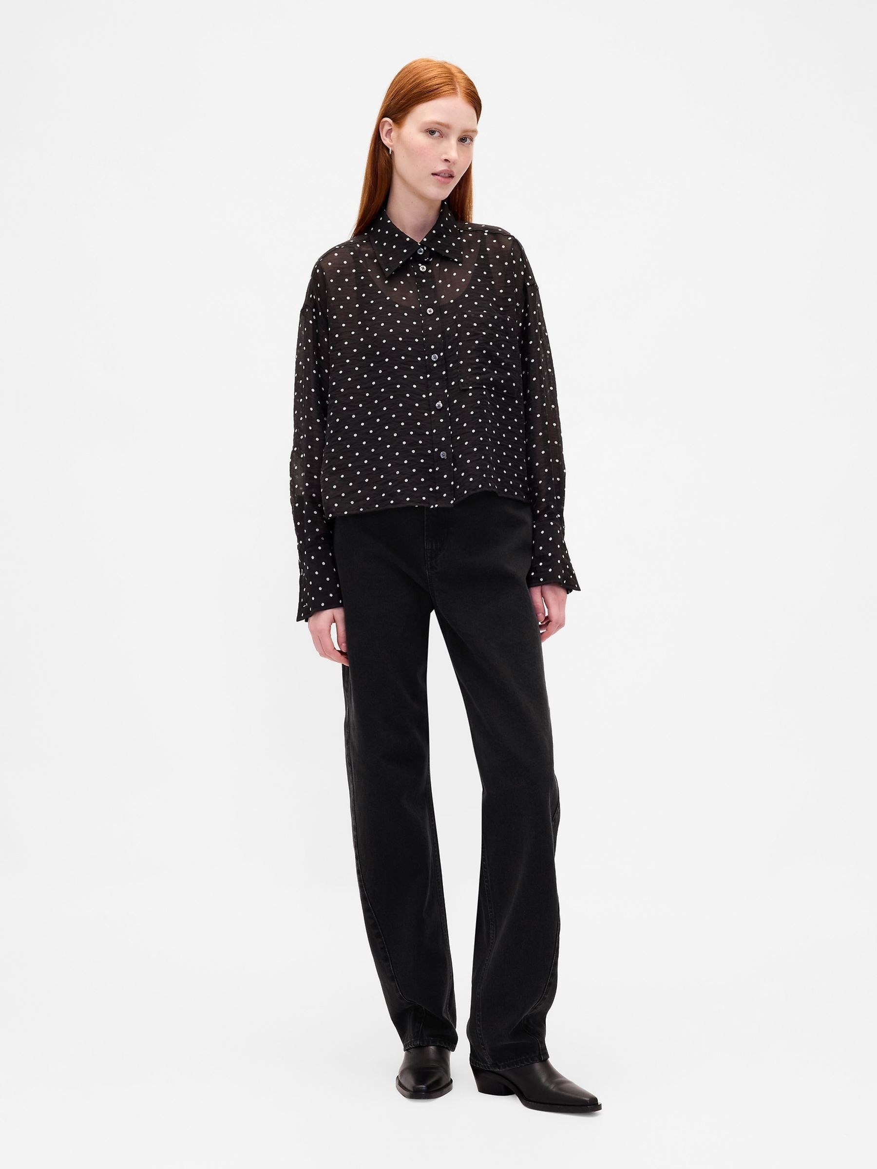 Black Spotted Sheer Straight-Hem Crop Shirt - Image 3 of 4