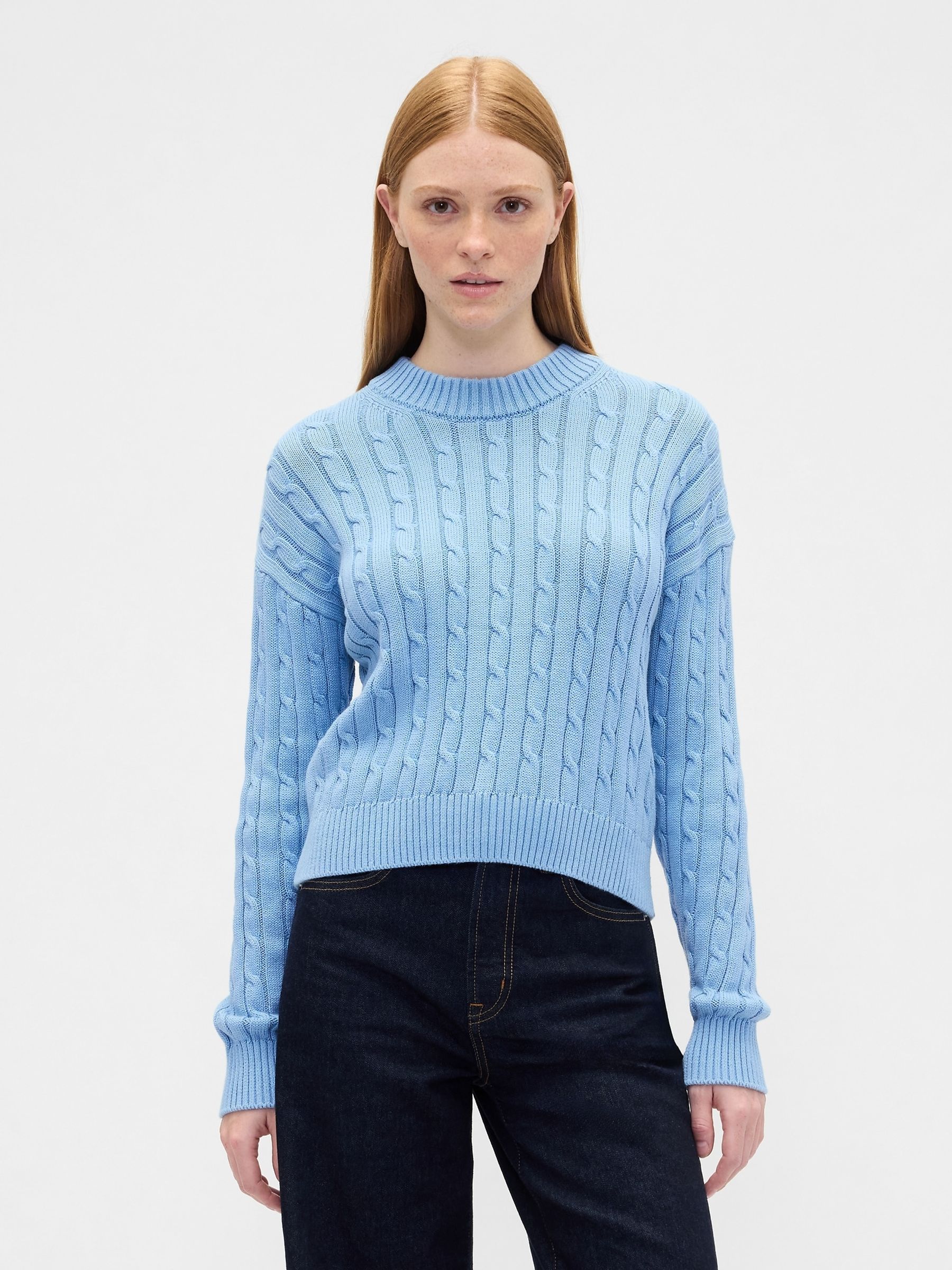 Blue Cable-Knit Crew Neck Jumper - Image 1 of 5