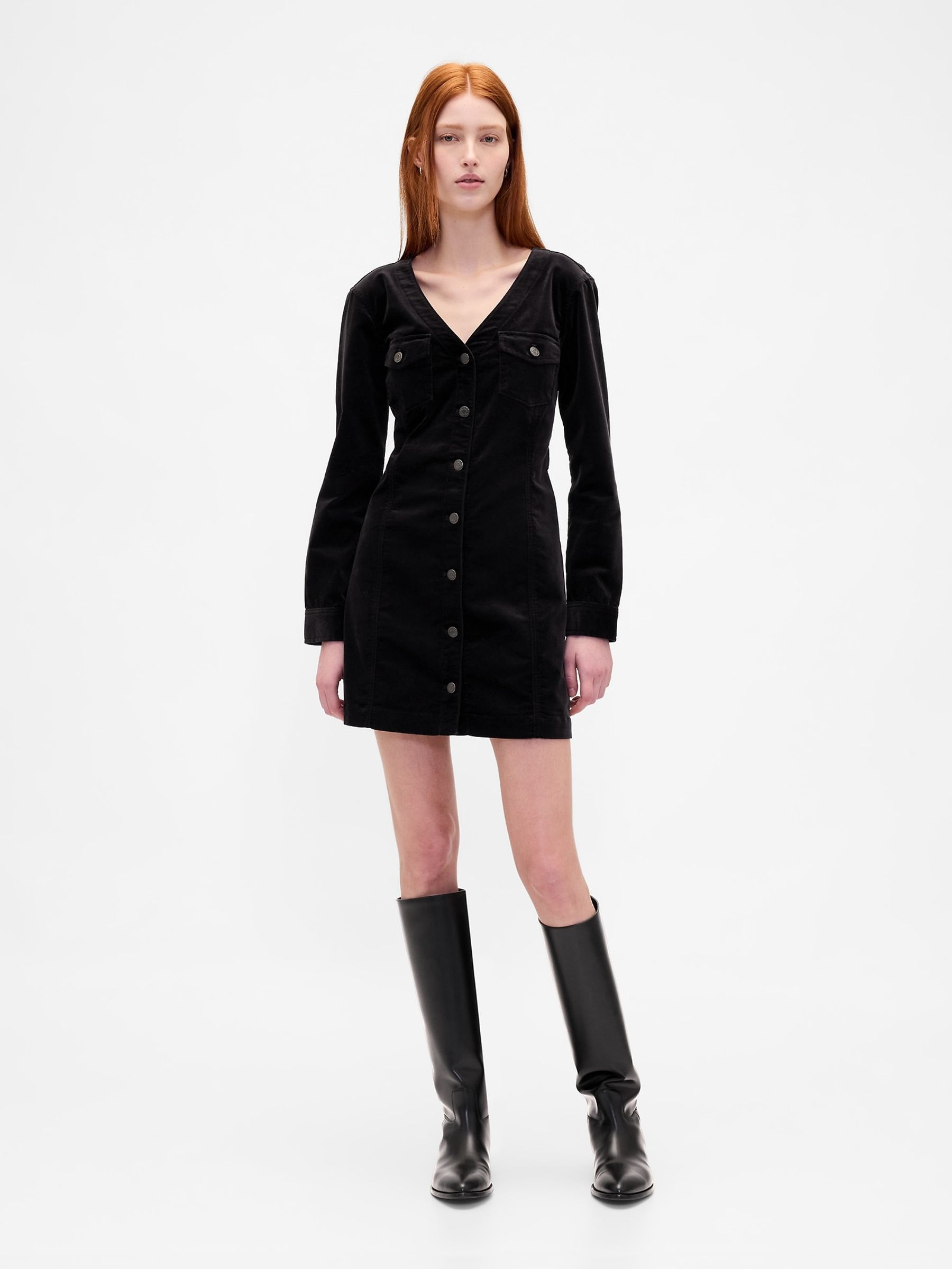 Black Velvet V-Neck Pocket Mini Dress - Image 1 of 1 Black Velvet V-Neck Pocket Mini Dress - Image 1 of 1