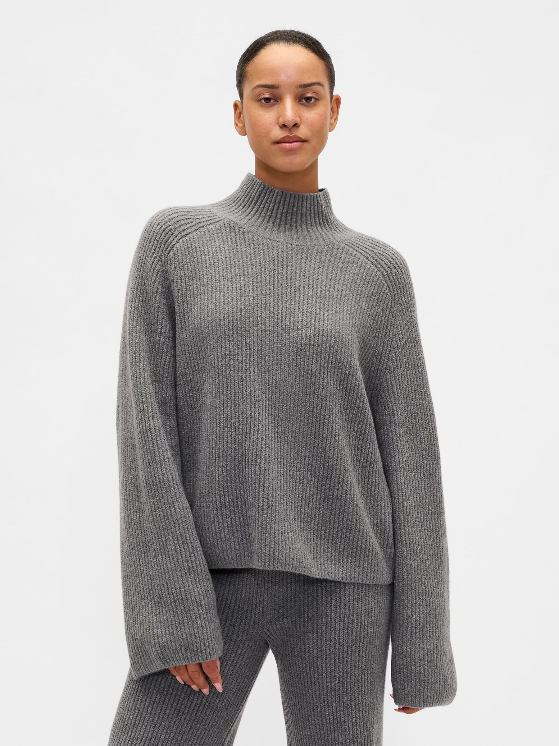 Grey CashSoft Shaker-Stitch Turtle Neck Jumper - Image 1 of 5 Grey CashSoft Shaker-Stitch Turtle Neck Jumper - Image 1 of 5