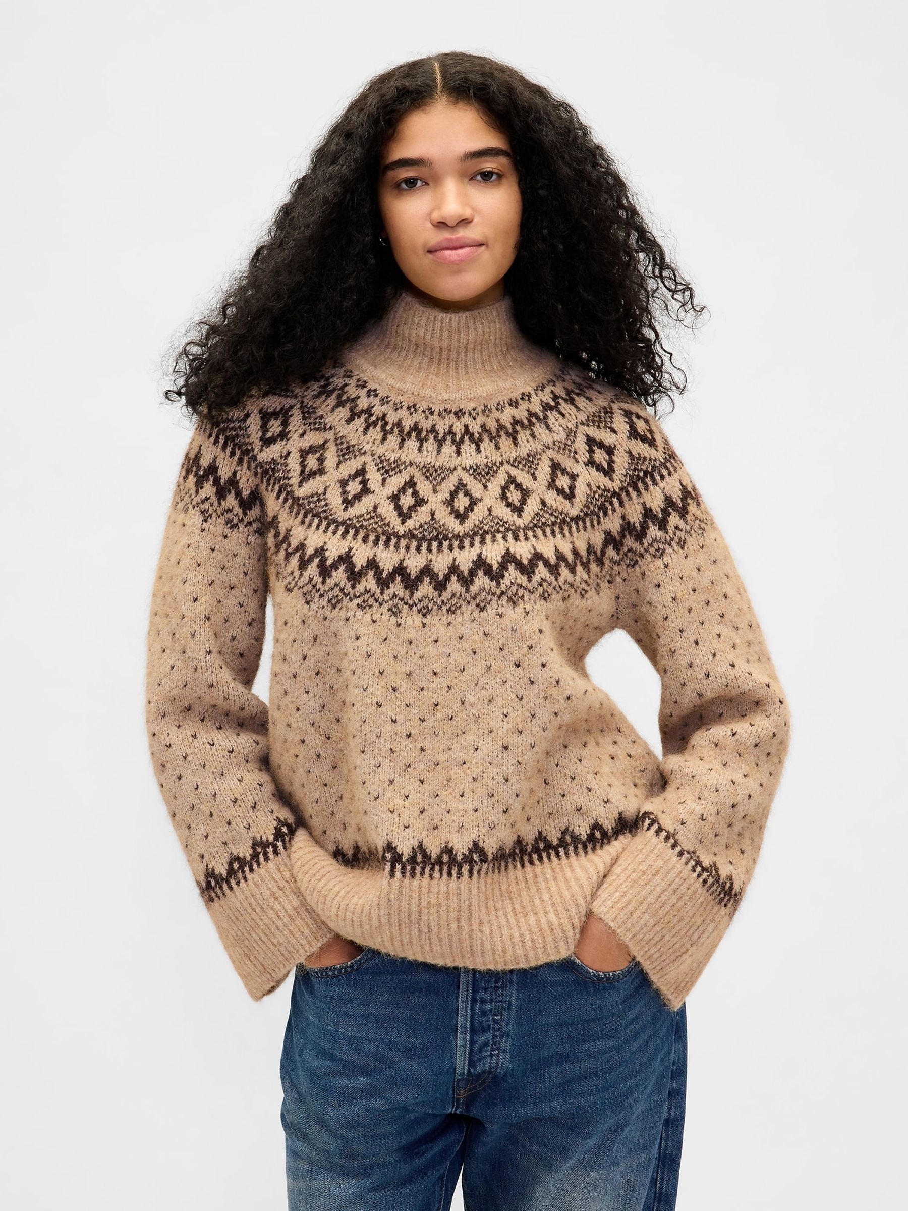 Brown Fair Isle Fuzzy Oversized Turtle Neck Jumper | Gap