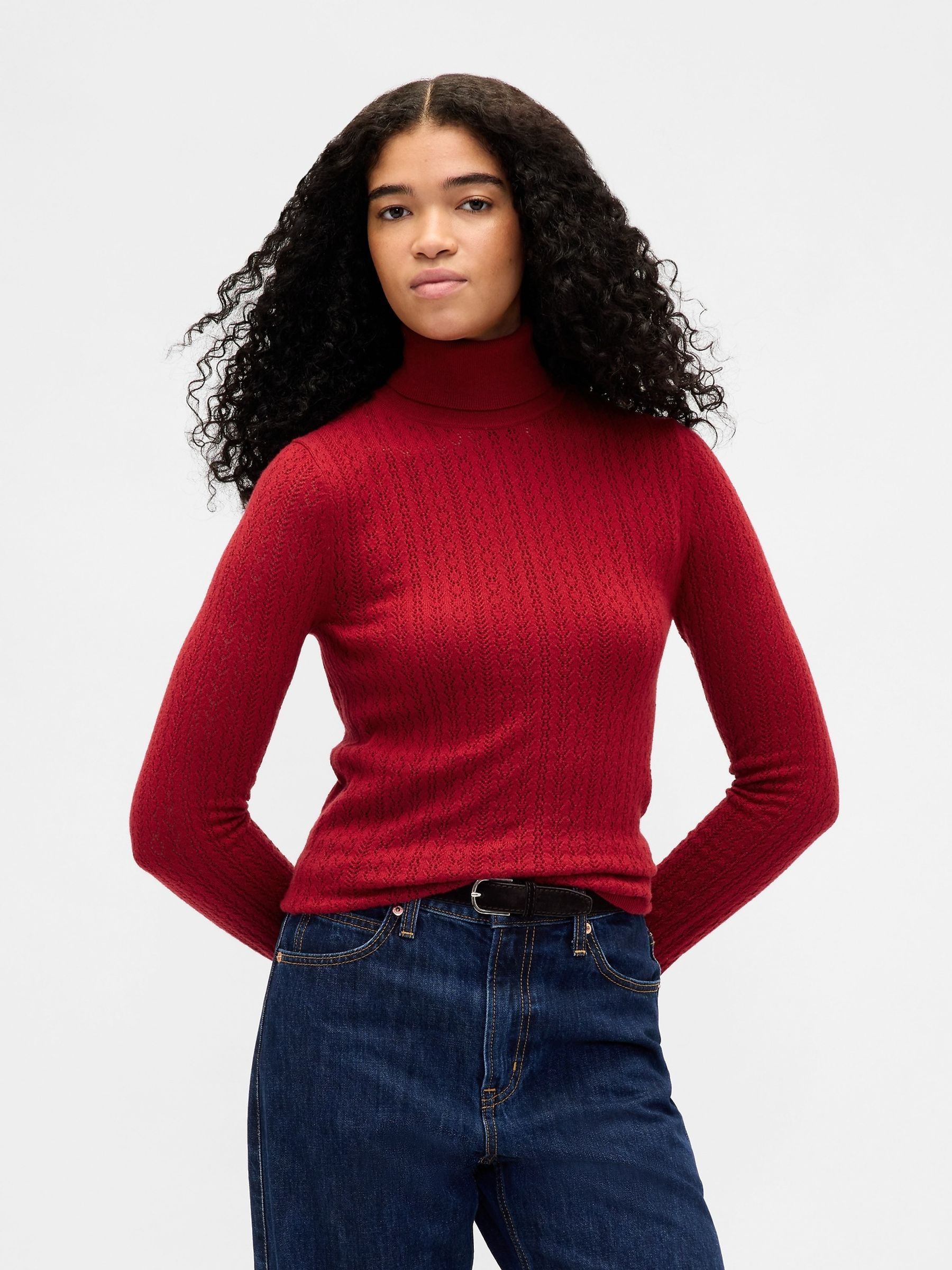 Red Pointelle Turtle Neck Jumper - Image 1 of 3 Red Pointelle Turtle Neck Jumper - Image 1 of 3