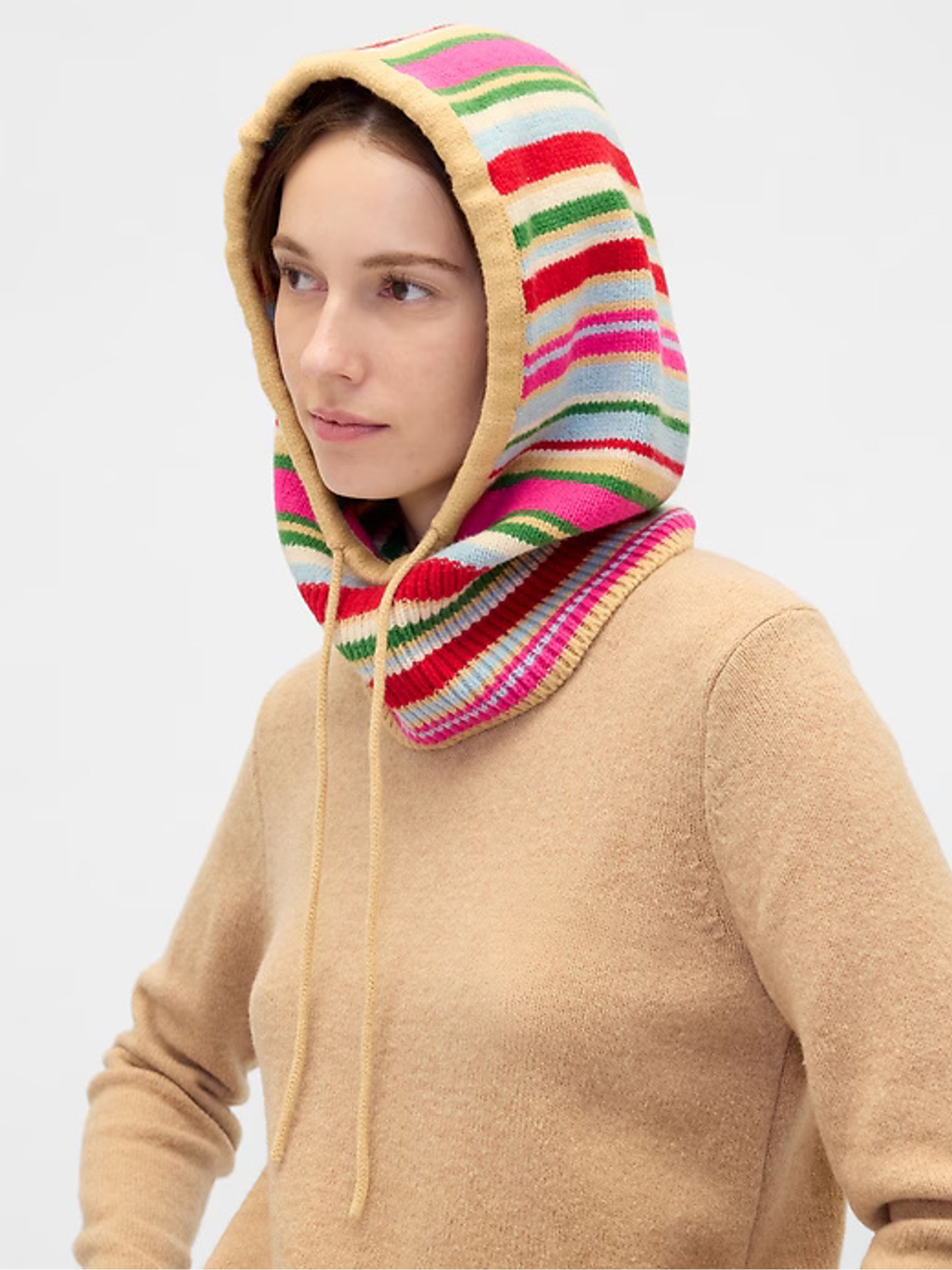 Pink Stripe CashSoft Drawcord Knitted Snood Hat - Image 3 of 3