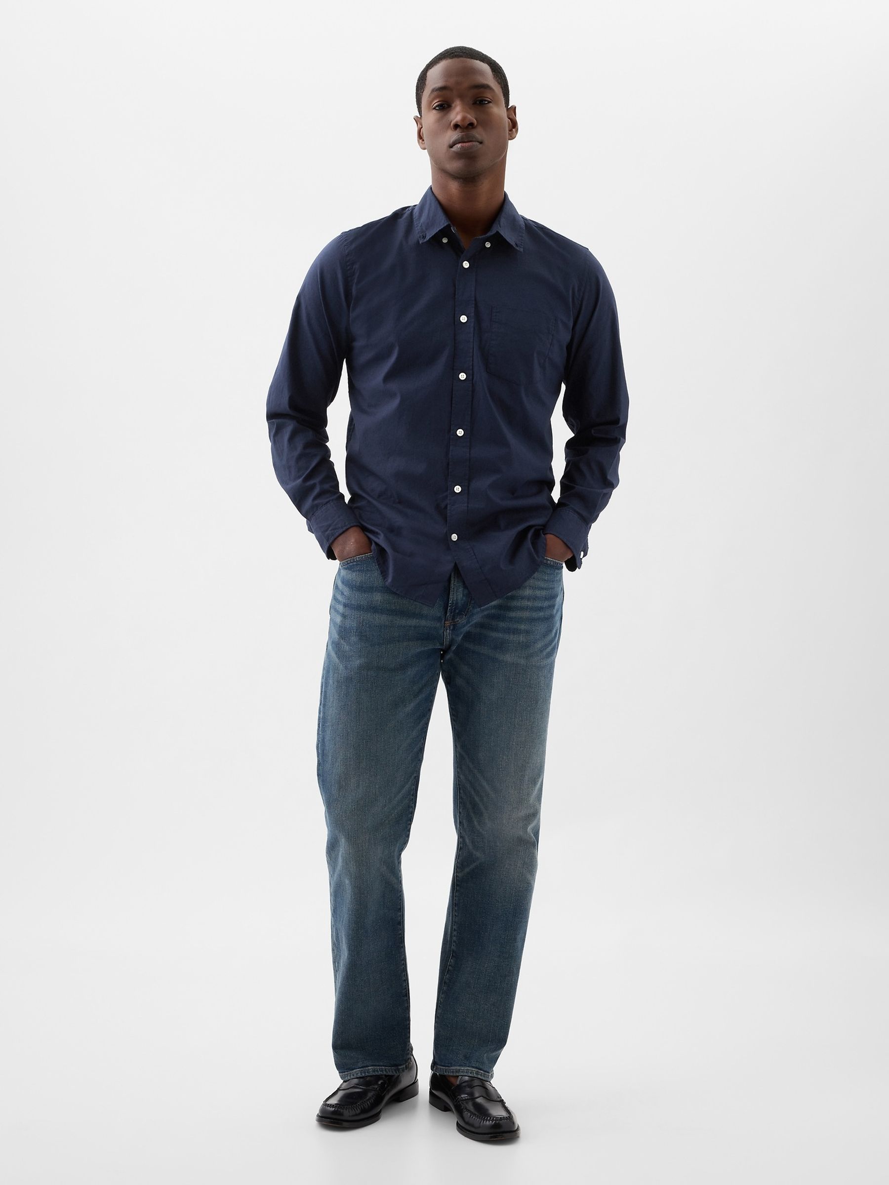 Navy Blue Stretch Poplin Shirt in Standard Fit - Image 3 of 3 Navy Blue Stretch Poplin Shirt in Standard Fit - Image 3 of 3