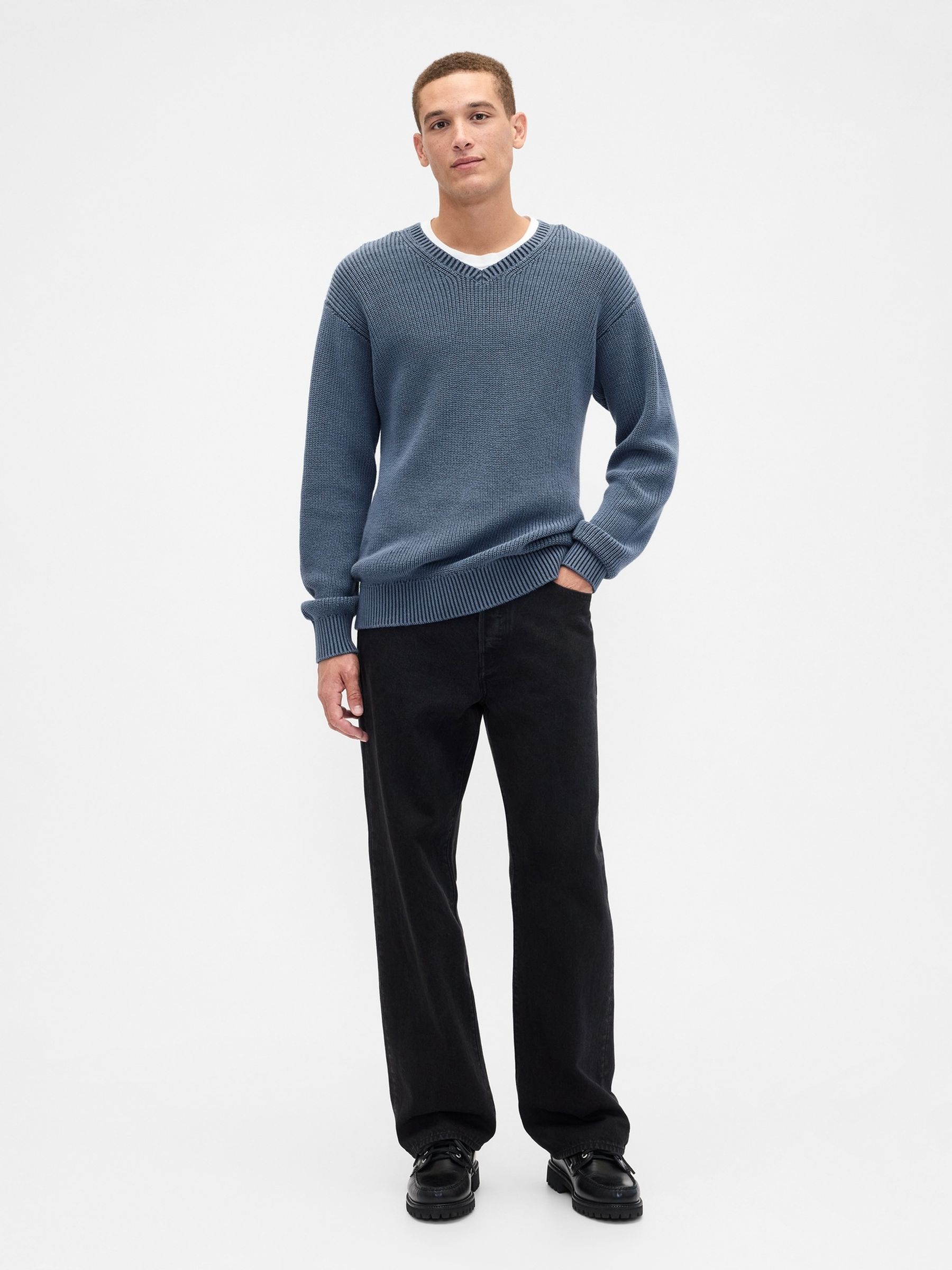 Blue Relaxed Ribbed V-Neck Jumper - Image 3 of 5