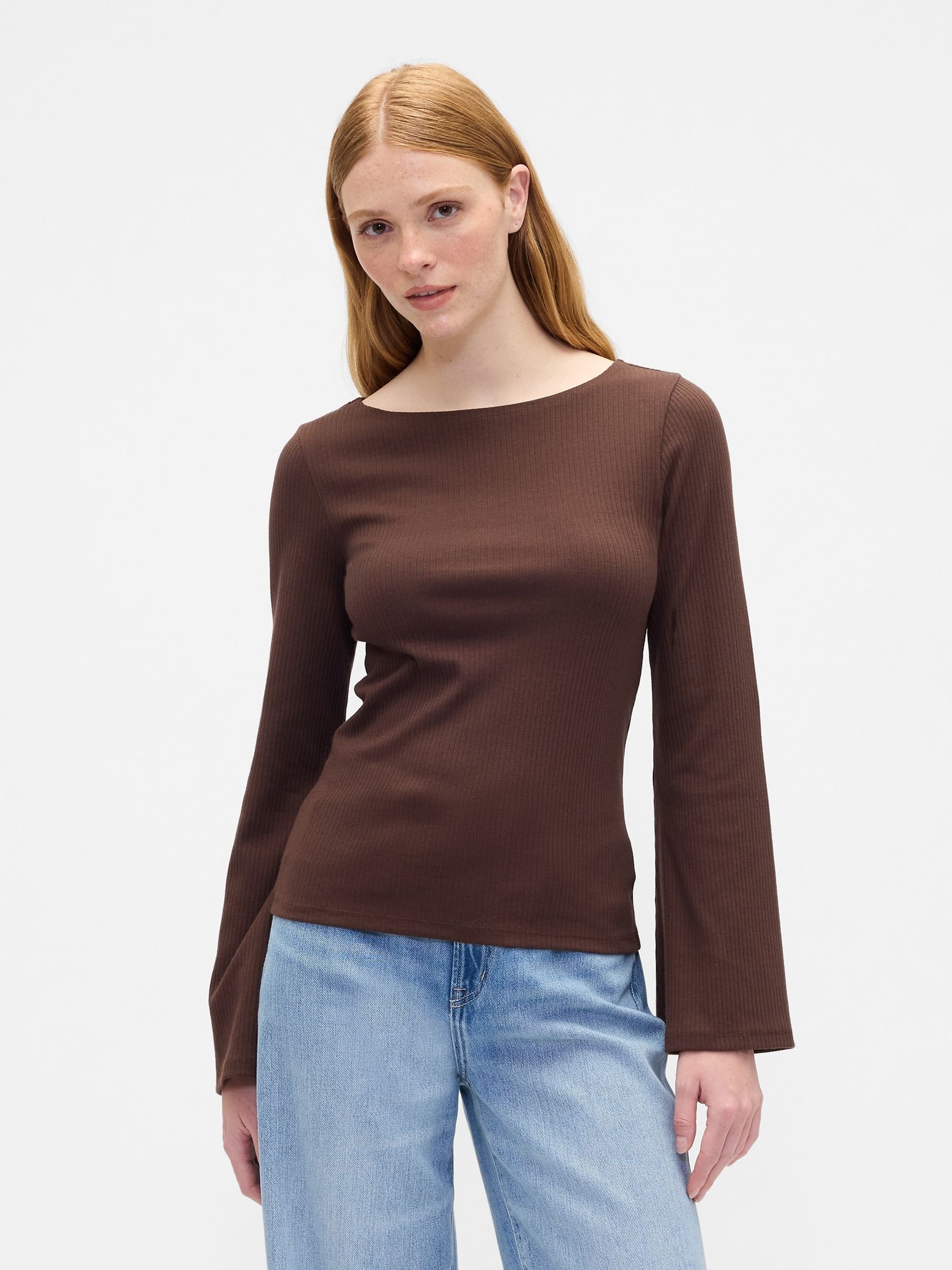 Brown Velour Bell Sleeve Boatneck T-Shirt - Image 1 of 5 Brown Velour Bell Sleeve Boatneck T-Shirt - Image 1 of 5