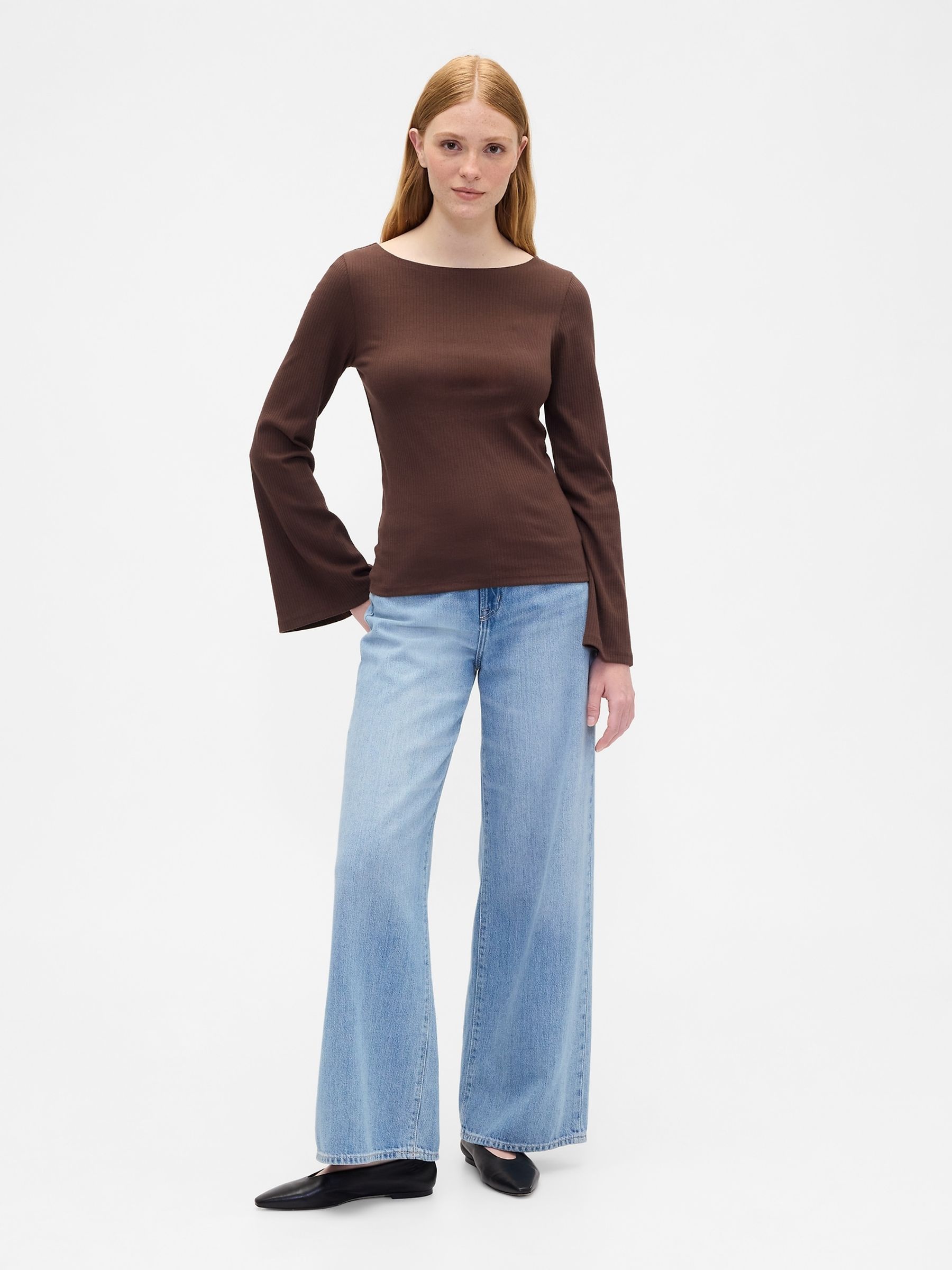 Brown Velour Bell Sleeve Boatneck T-Shirt - Image 3 of 5
