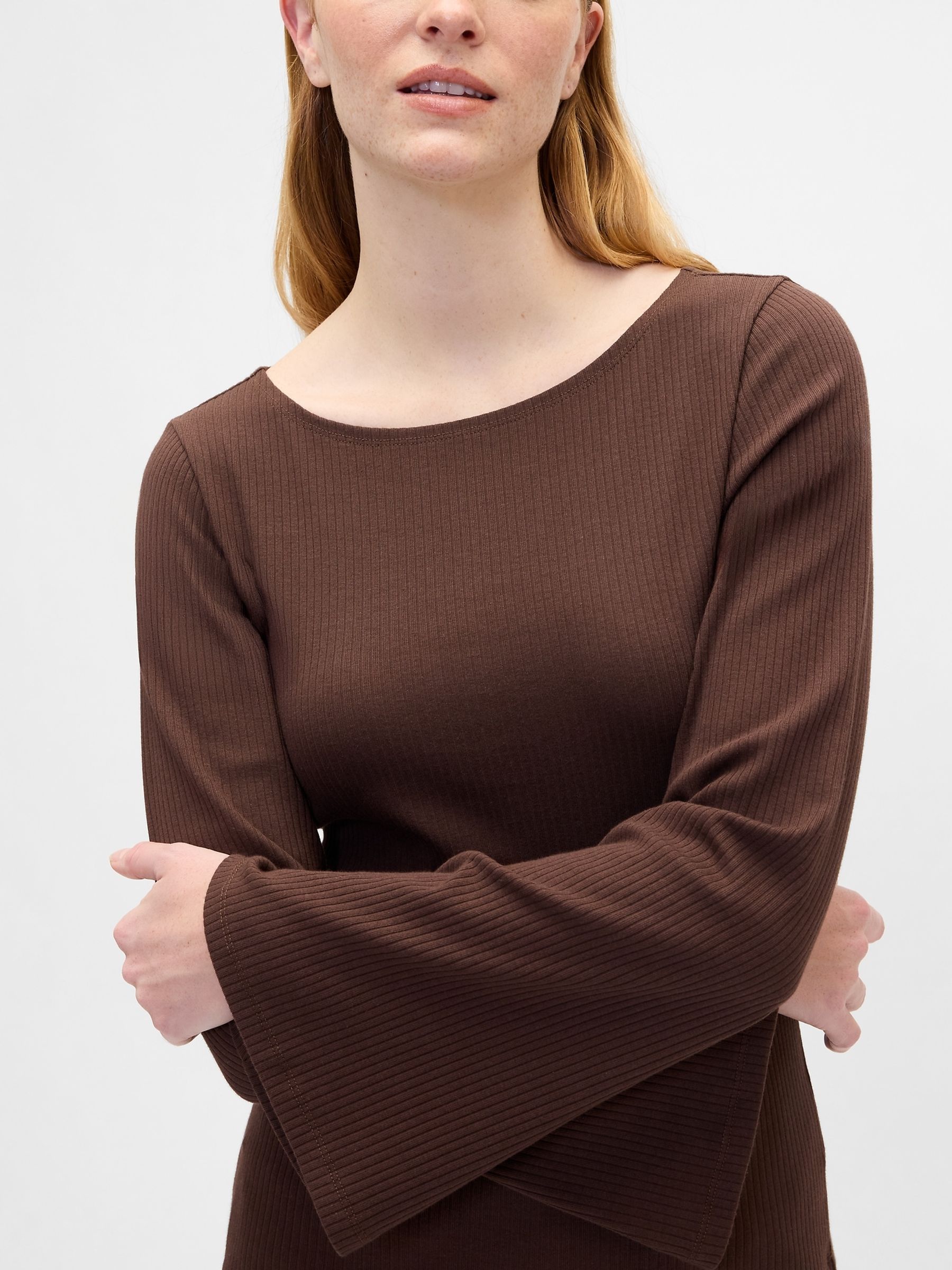 Brown Velour Bell Sleeve Boatneck T-Shirt - Image 4 of 5
