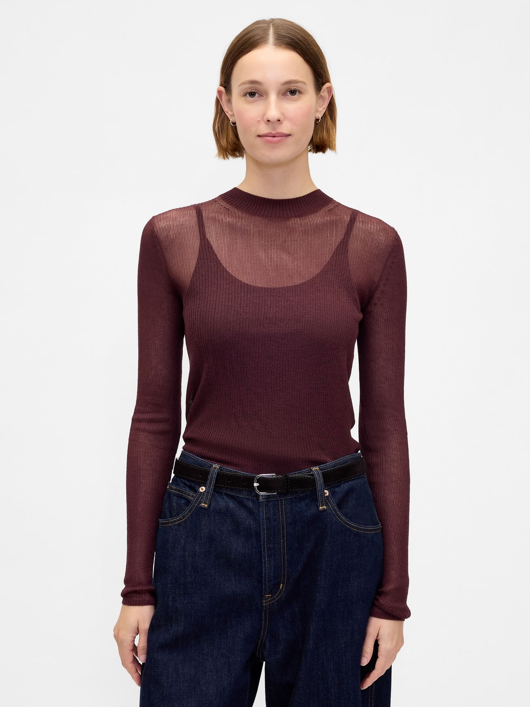 Burgundy Red High-Neck Sheer Jumper - Image 1 of 4