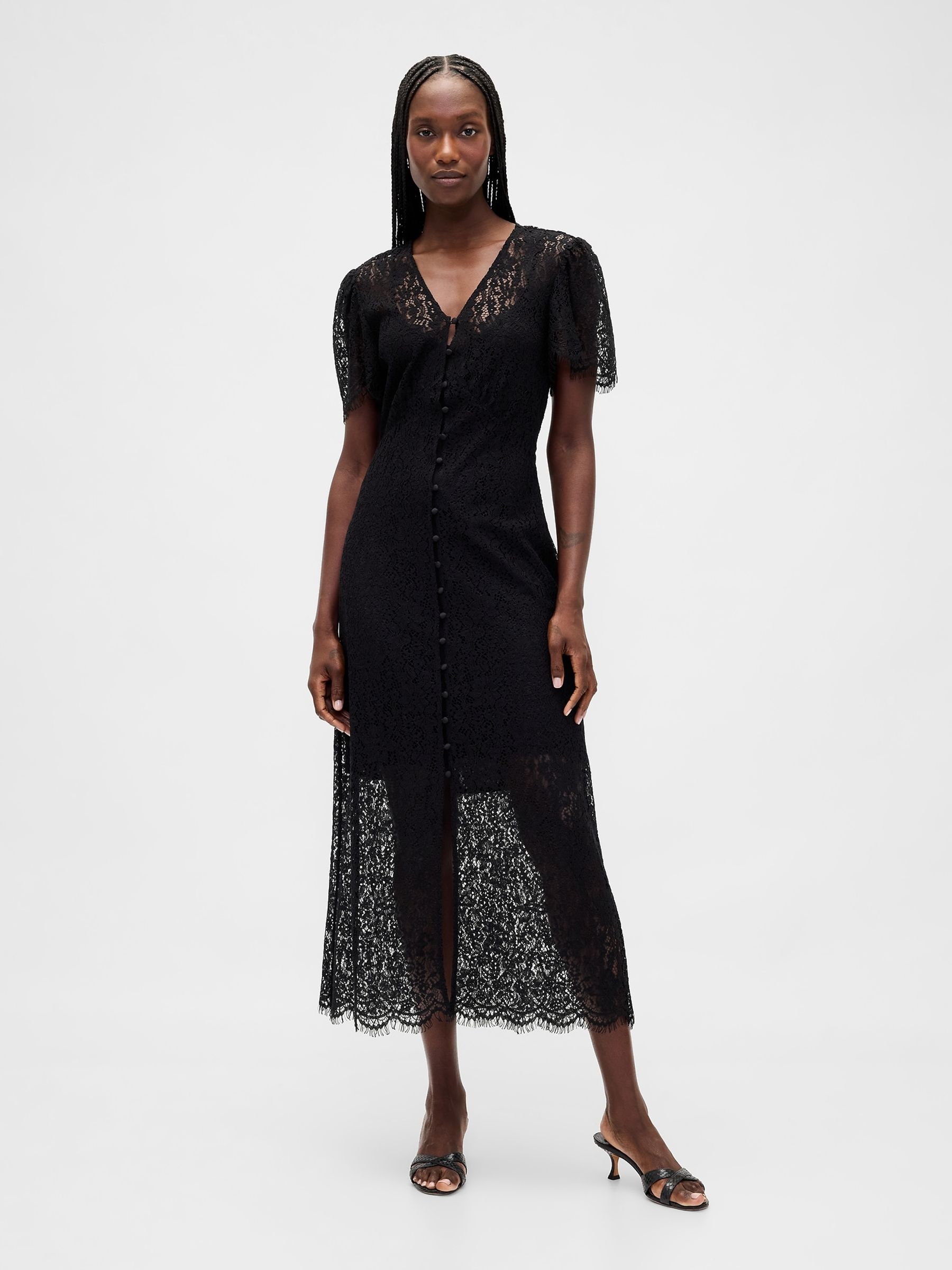Black Lace V-Neck Midi Dress - Image 1 of 2 Black Lace V-Neck Midi Dress - Image 1 of 2