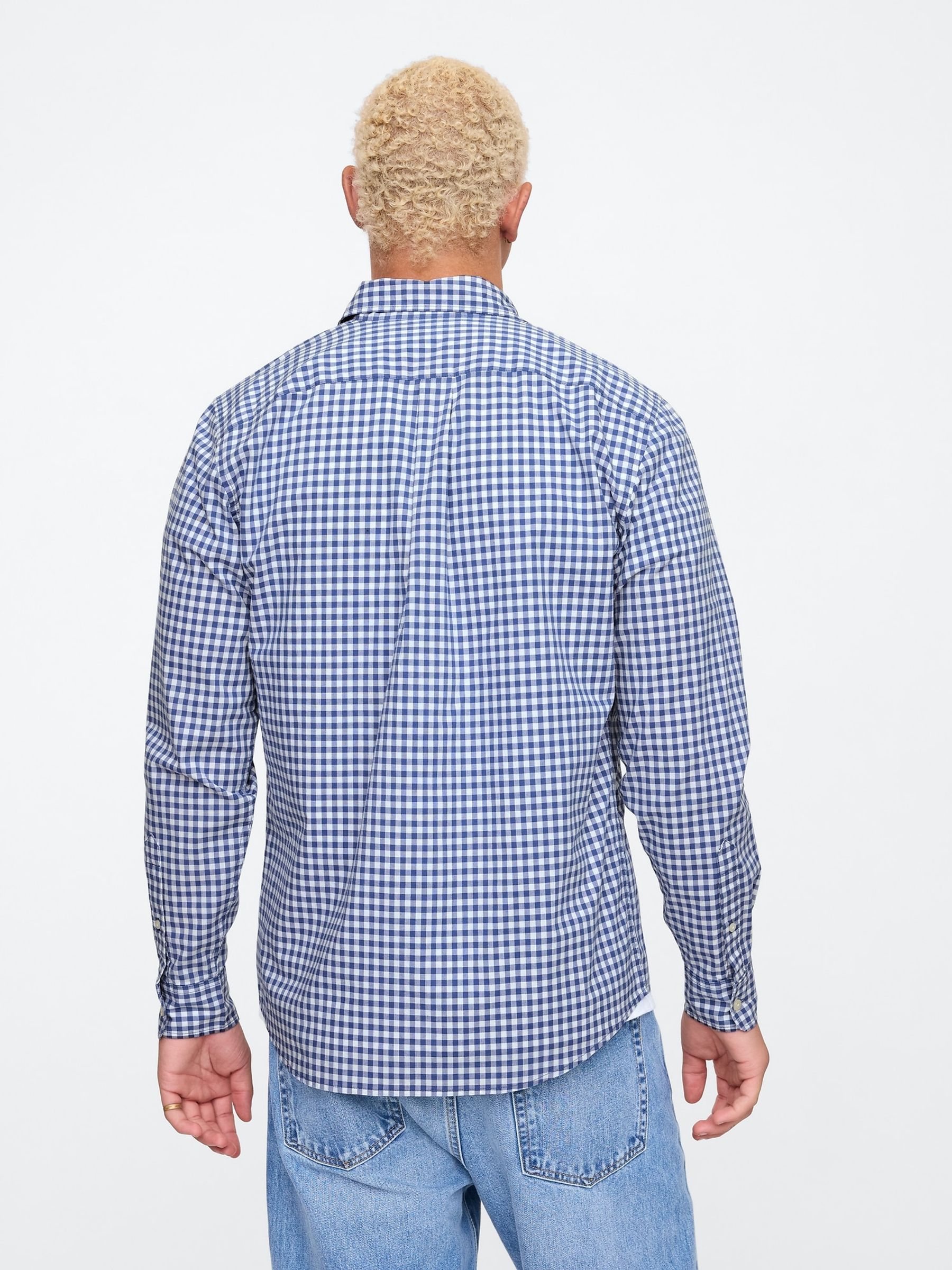 Blue Check Stretch Poplin Shirt in Standard Fit - Image 2 of 5 Blue Check Stretch Poplin Shirt in Standard Fit - Image 2 of 5