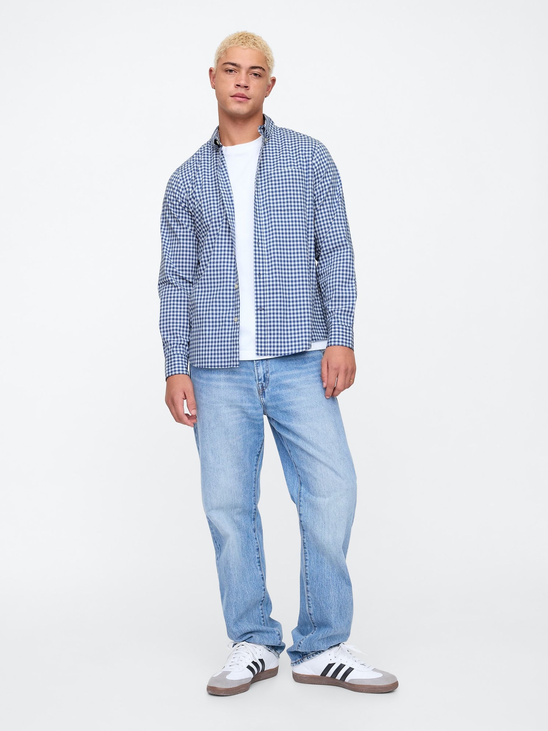 Blue Check Stretch Poplin Shirt in Standard Fit - Image 3 of 5