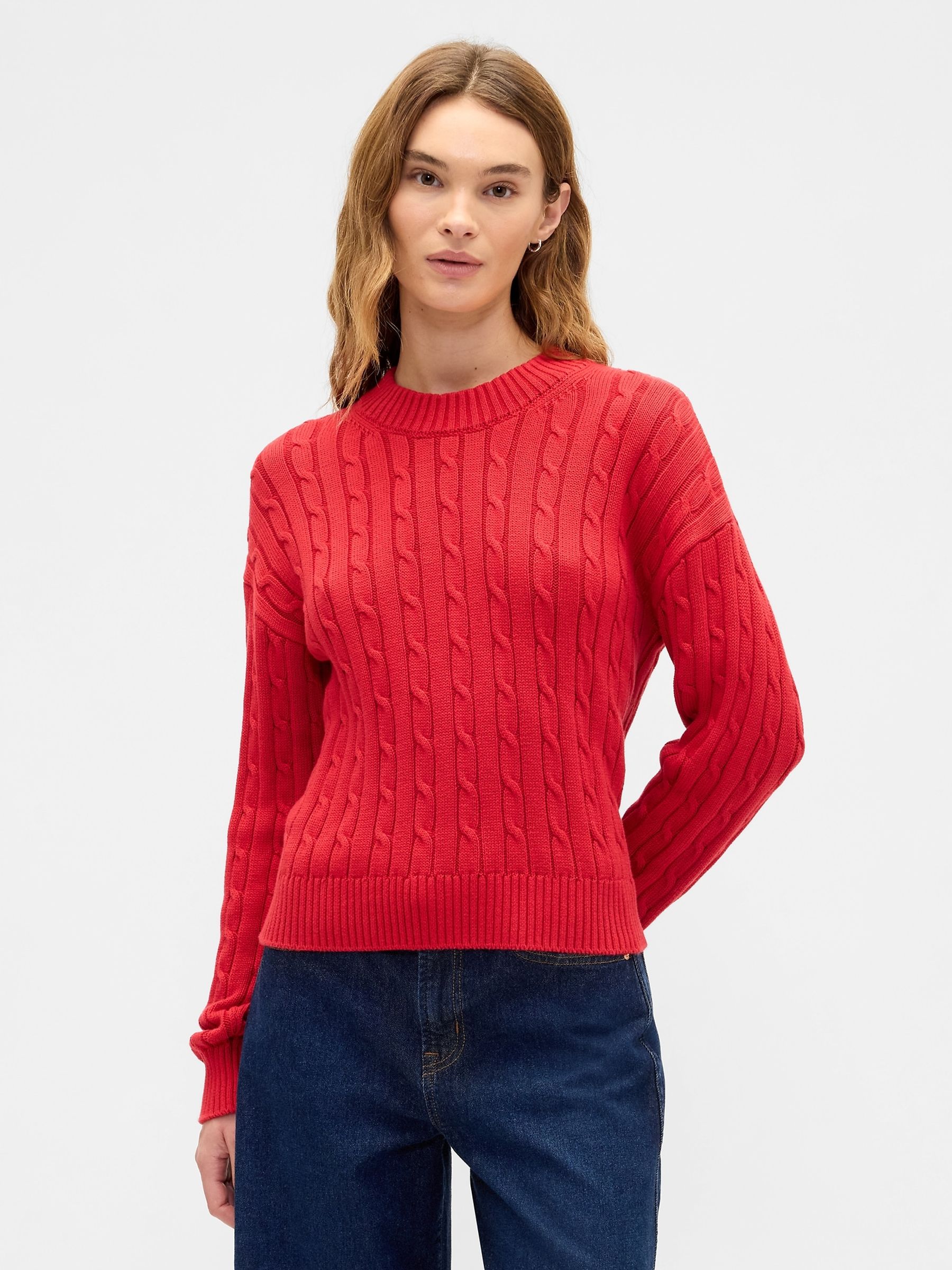 Red Cable-Knit Crew Neck Jumper - Image 1 of 4