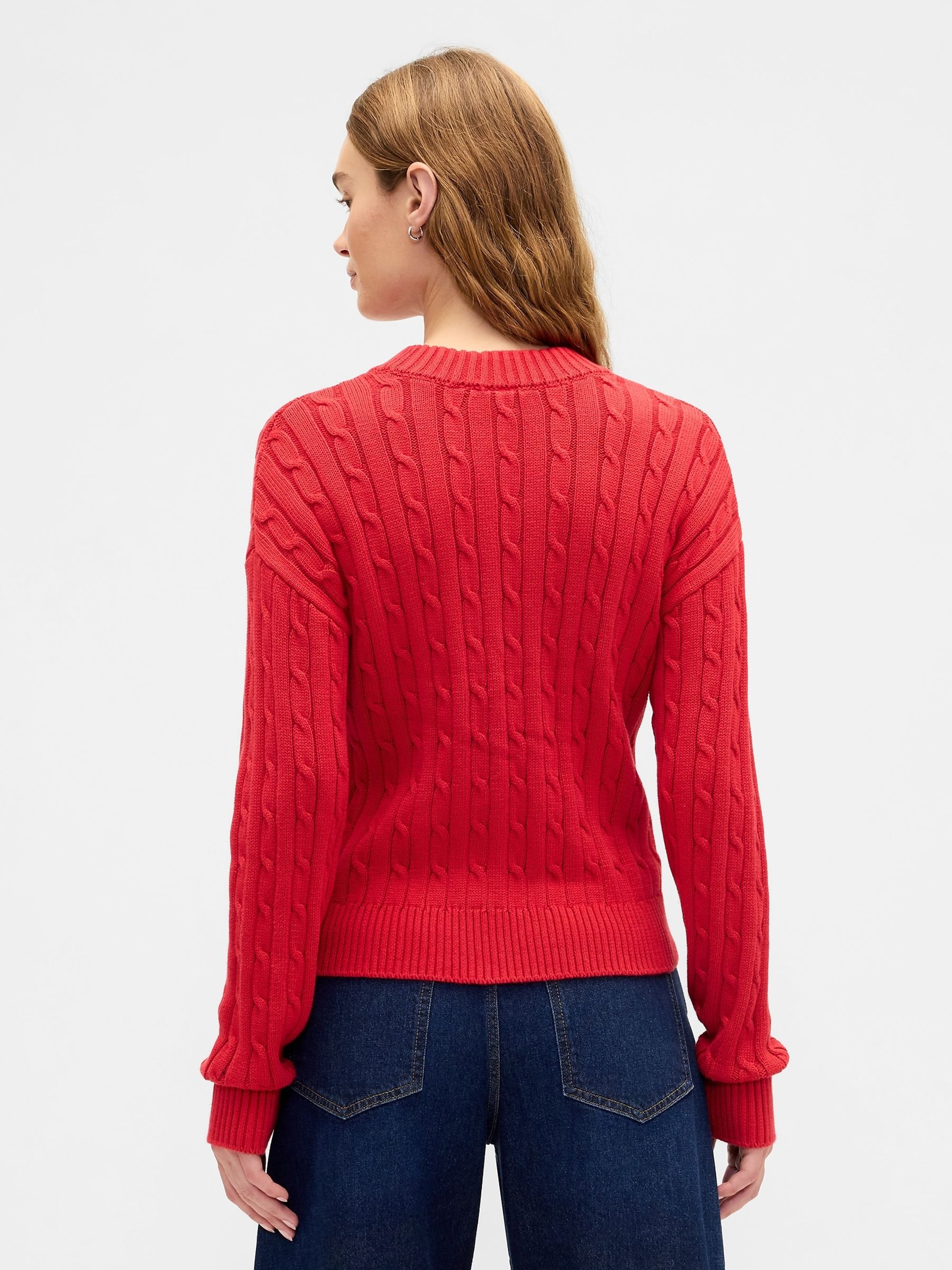 Red Cable-Knit Crew Neck Jumper - Image 2 of 4 Red Cable-Knit Crew Neck Jumper - Image 2 of 4