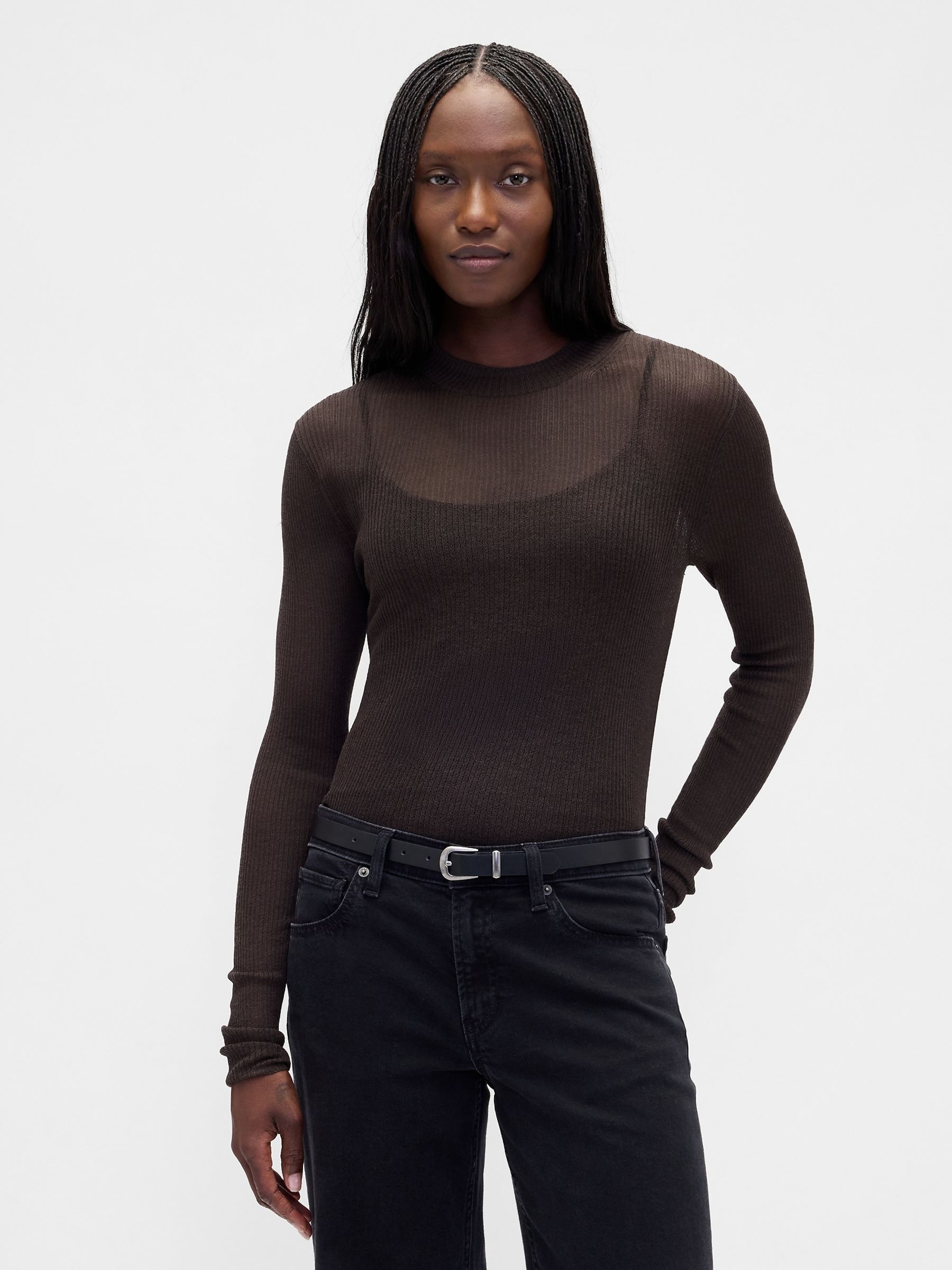 Brown High-Neck Sheer Jumper - Image 1 of 4