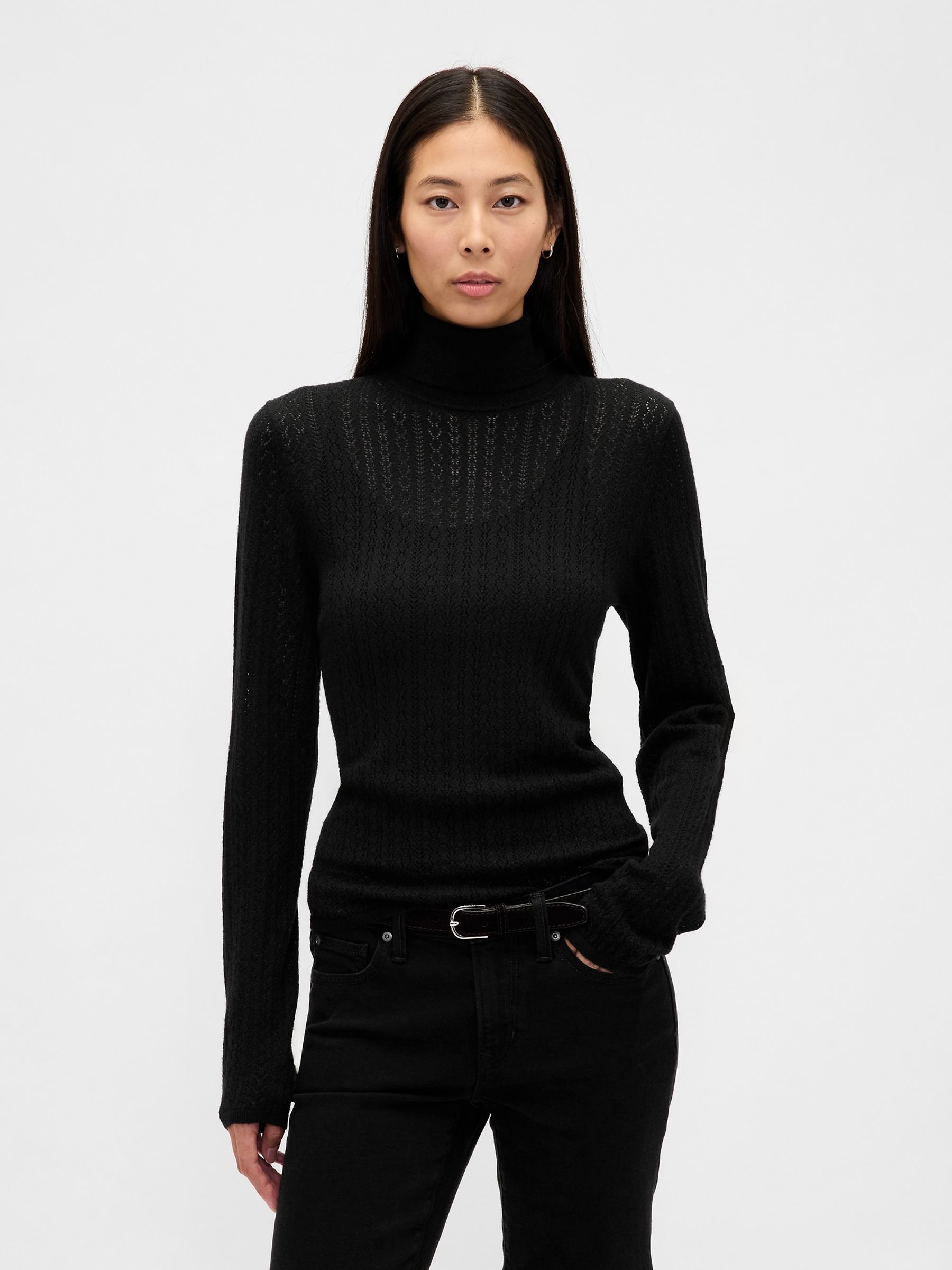 Black Pointelle Turtle Neck Jumper - Image 1 of 2