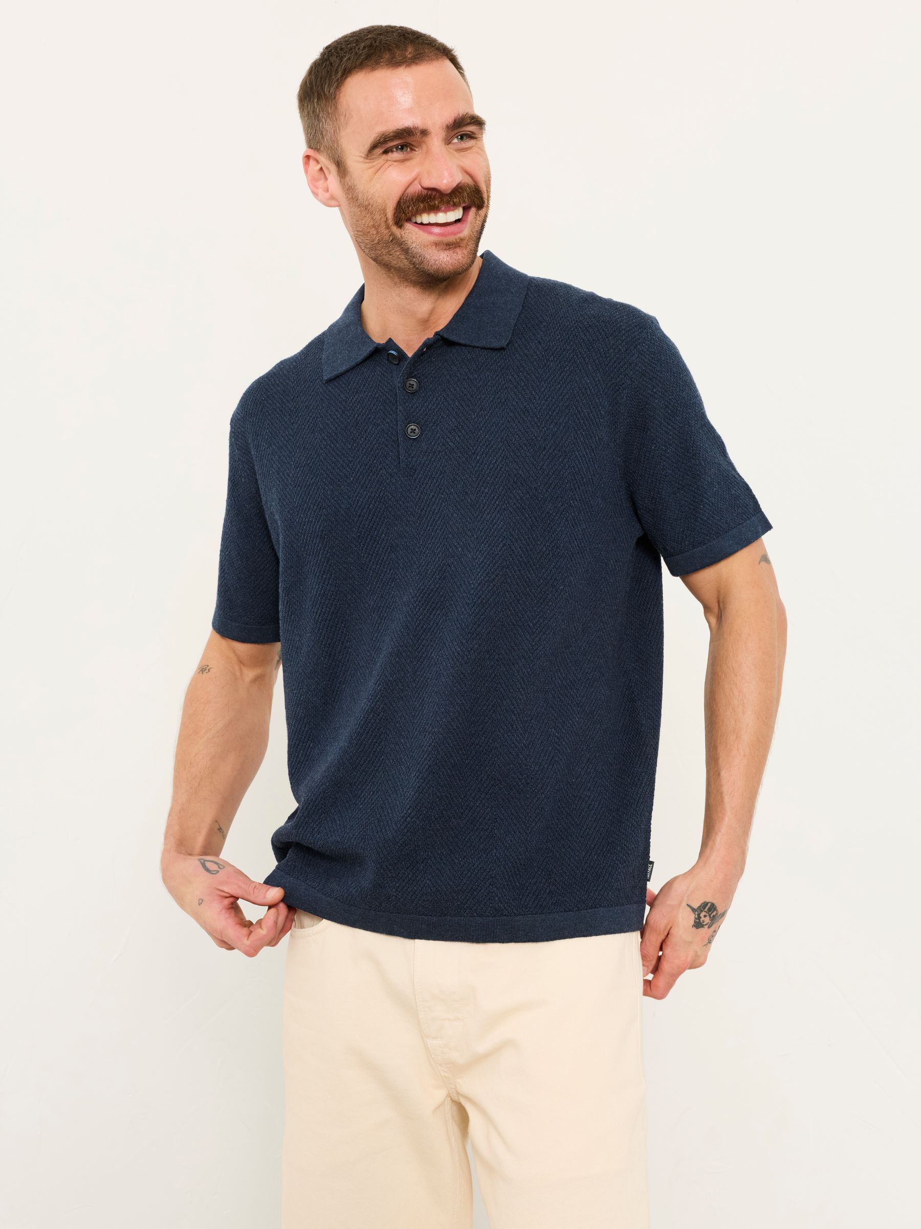 Portloe Navy Knitted Polo Shirt - Image 1 of 6 Portloe Navy Knitted Polo Shirt - Image 1 of 6