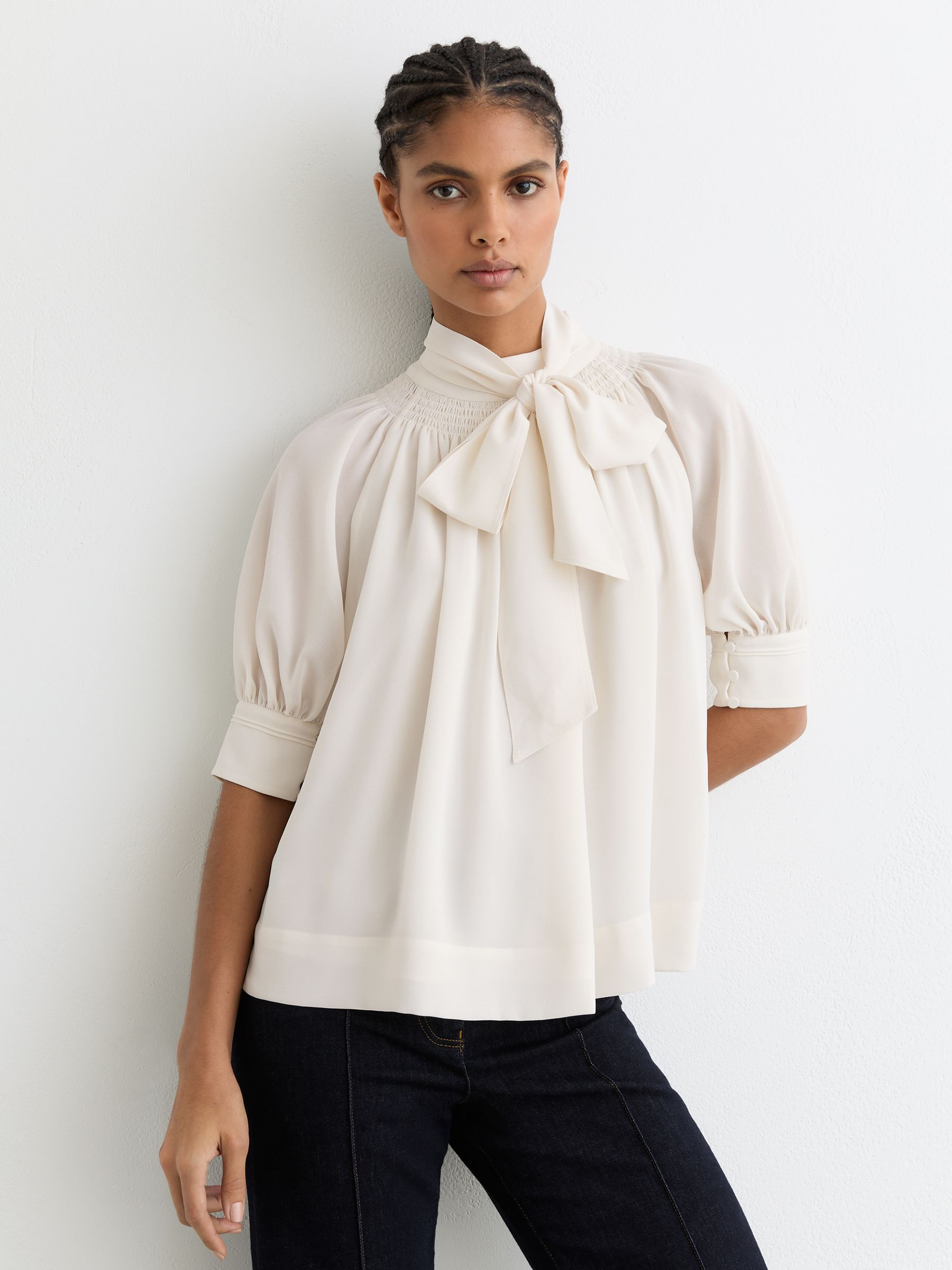 Reiss Tie-Neck Short-Sleeve Blouse in Ivory - REISS