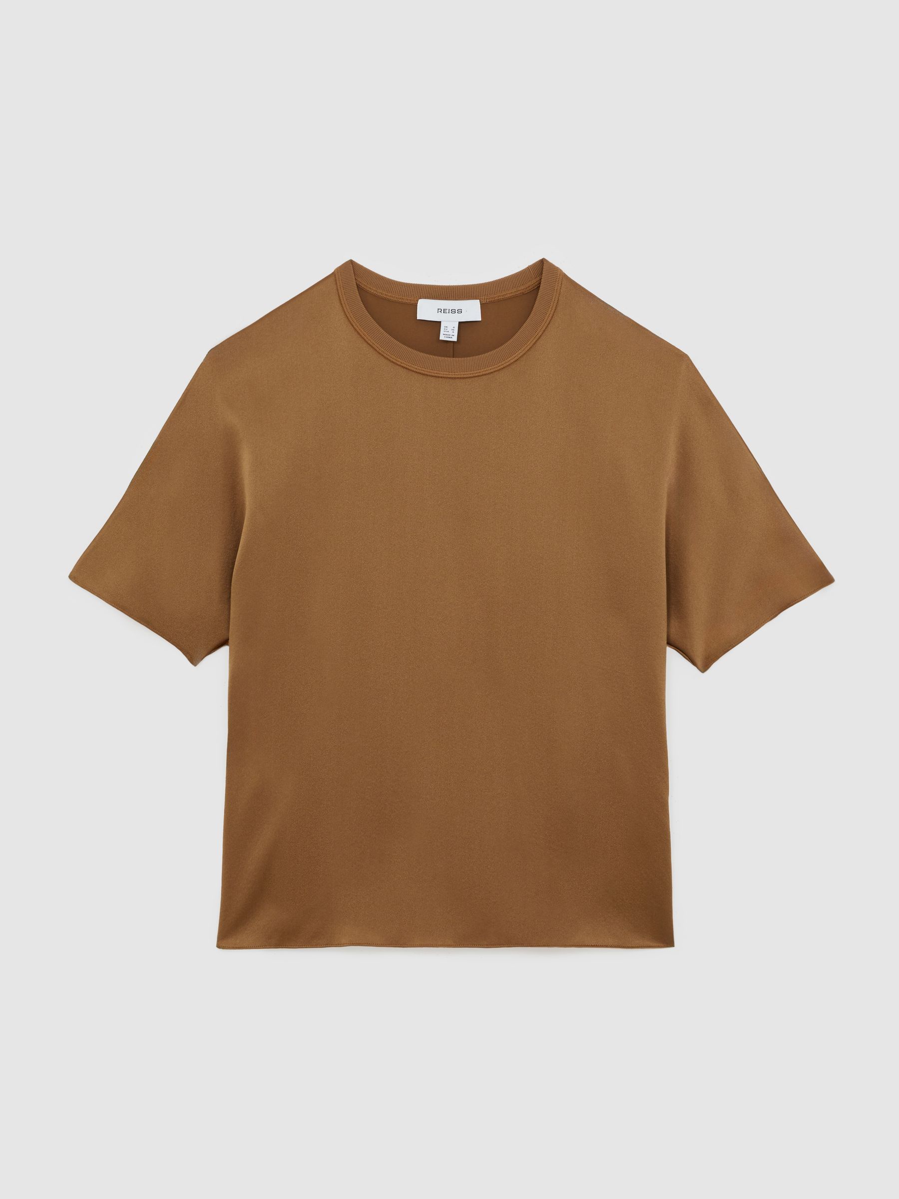 Silk Short-Sleeve Top in Camel - Image 2 of 7 Silk Short-Sleeve Top in Camel - Image 2 of 7