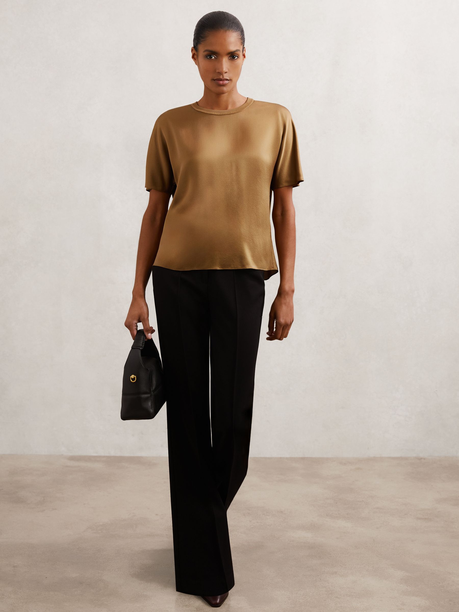 Silk Short-Sleeve Top in Camel - image 3