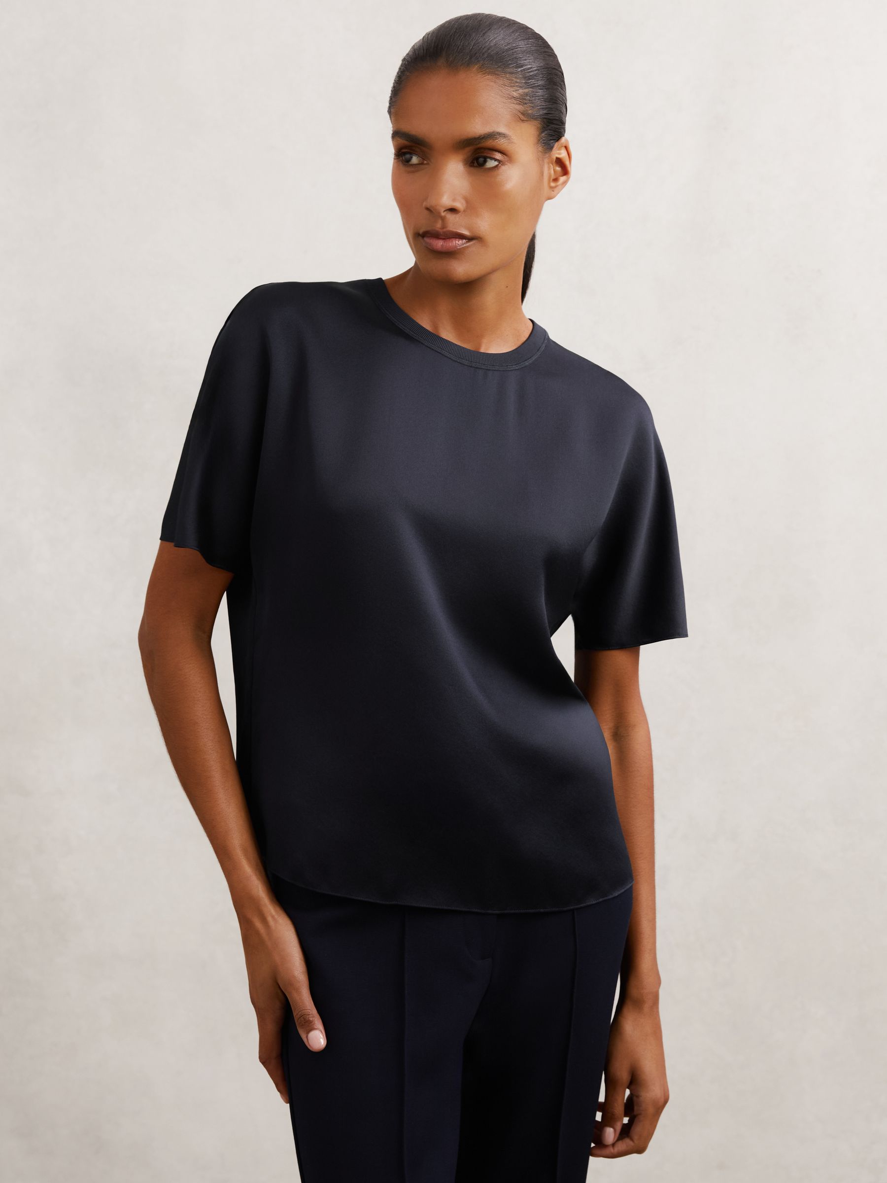 Silk Short-Sleeve Top in Navy - Image 1 of 6 Silk Short-Sleeve Top in Navy - Image 1 of 6