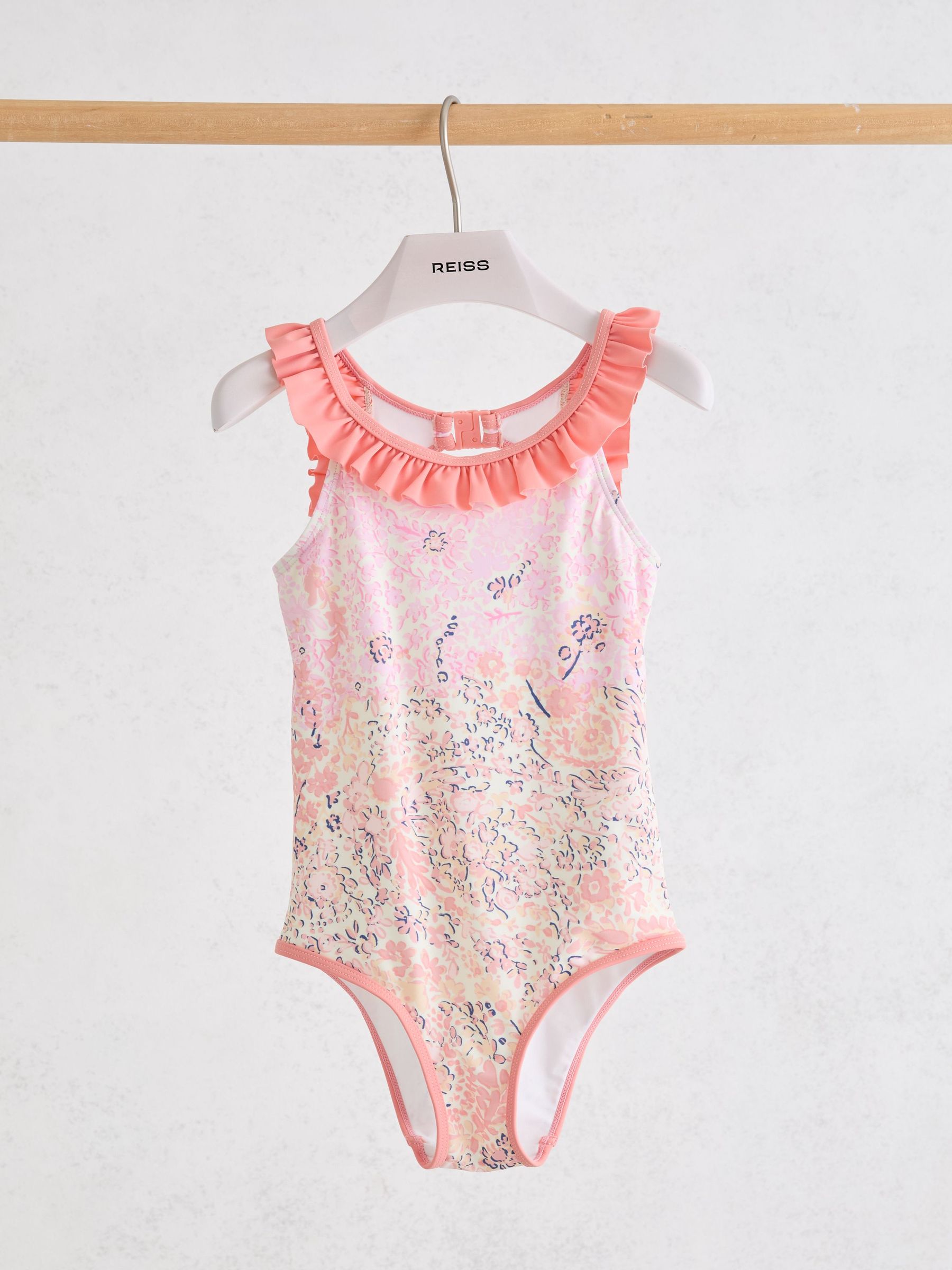 3-9 yrs Floral-Print Frill-Trim Swimsuit in Pink Print - Image 2 of 3