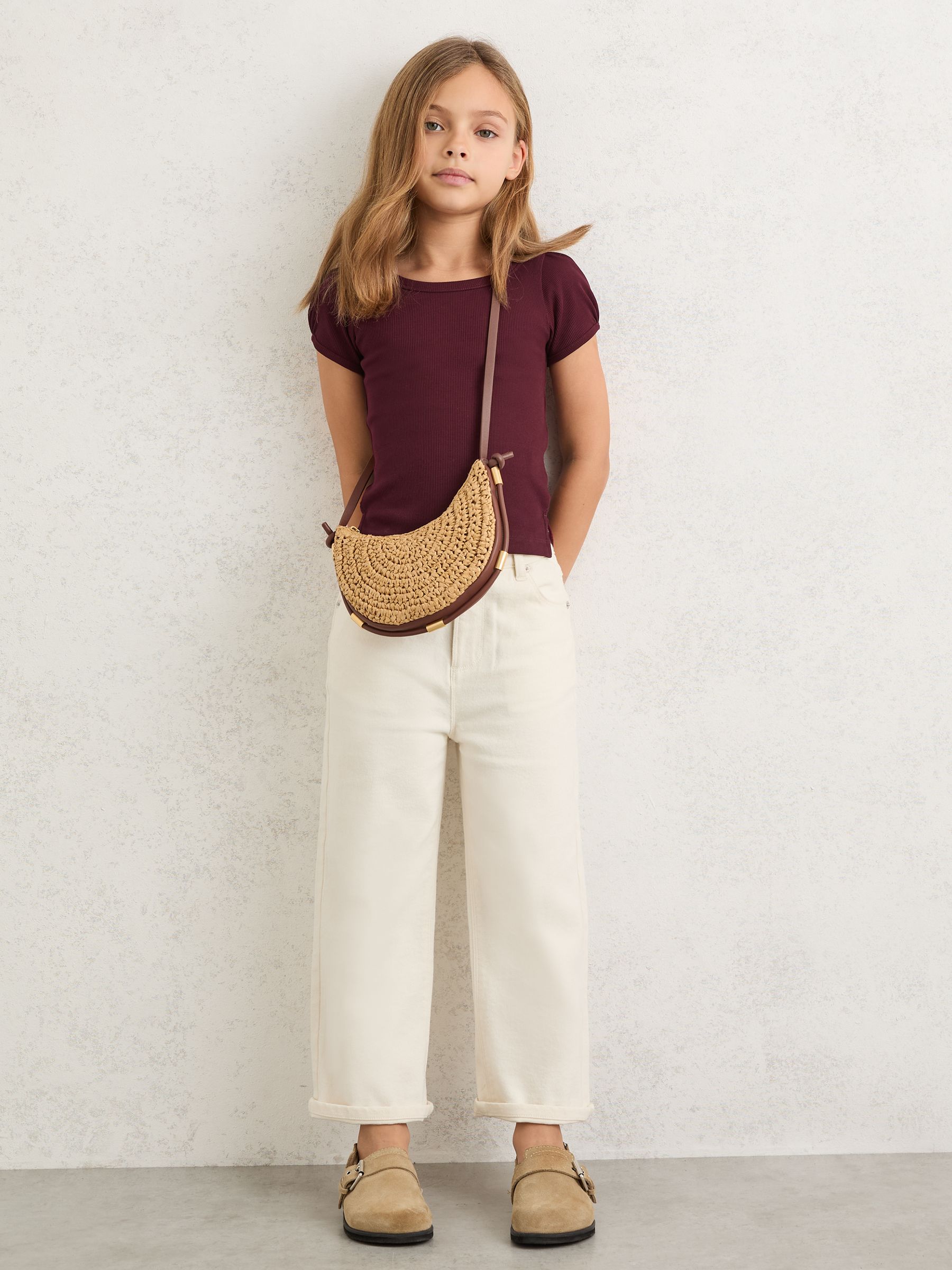 Stretch-Cotton Ribbed Puff-Sleeve Top in Burgundy - Image 1 of 5