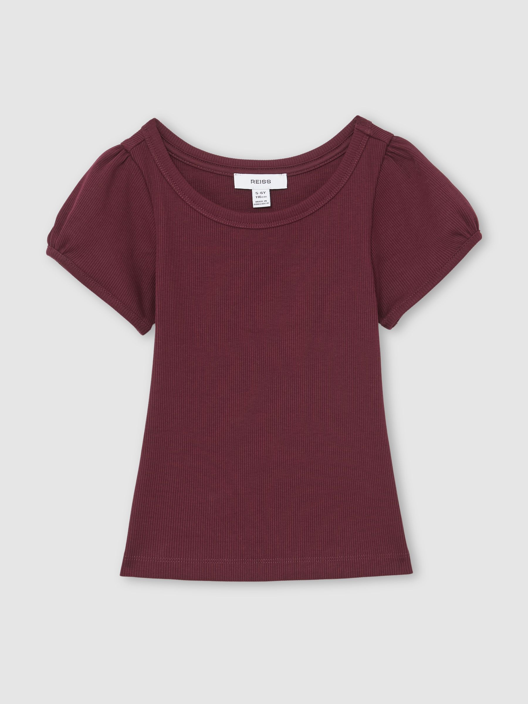 Stretch-Cotton Ribbed Puff-Sleeve Top in Burgundy - Image 2 of 5 Stretch-Cotton Ribbed Puff-Sleeve Top in Burgundy - Image 2 of 5