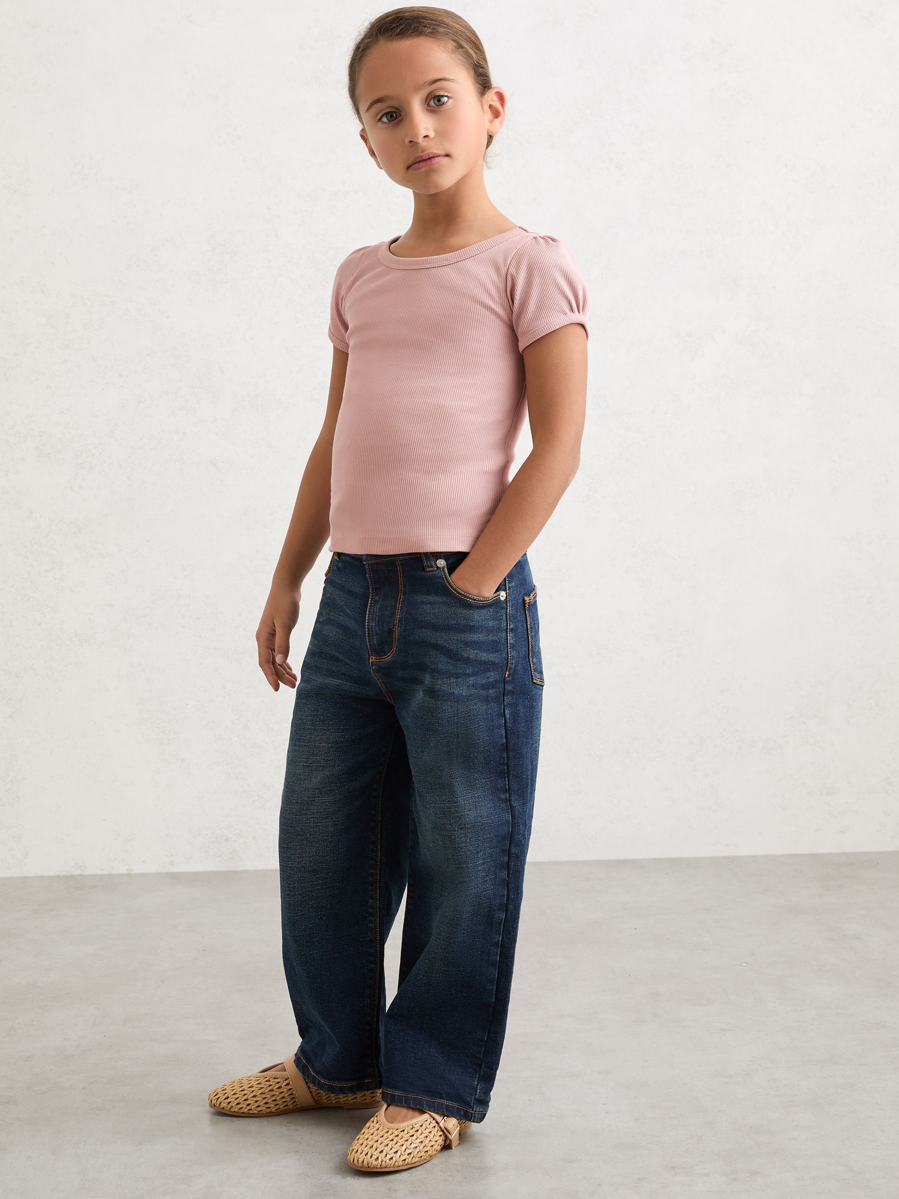Stretch-Cotton Ribbed Puff-Sleeve Top in Pink - Image 1 of 4